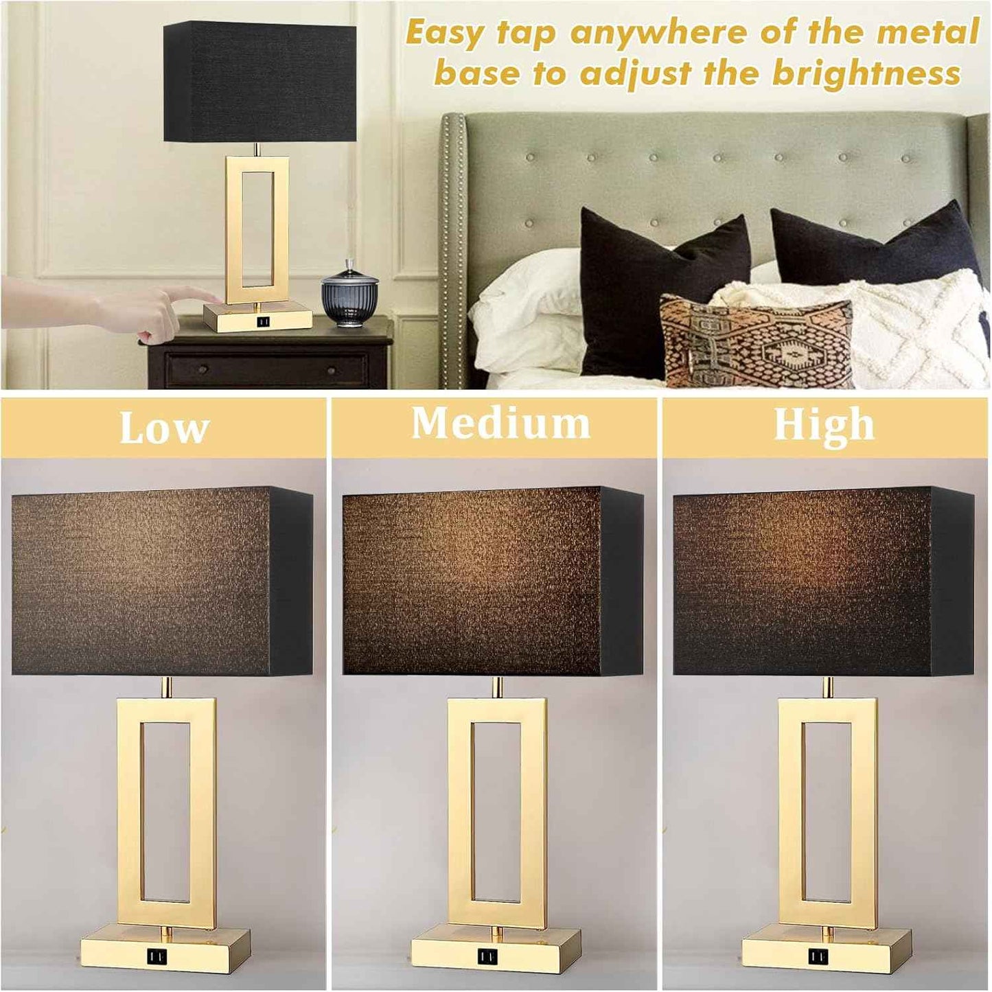 Gold Table Lamps Set of 2 - 3-Way Dimmable Touch Control with USB Ports, 22” Modern Design for Bedroom & Living Room