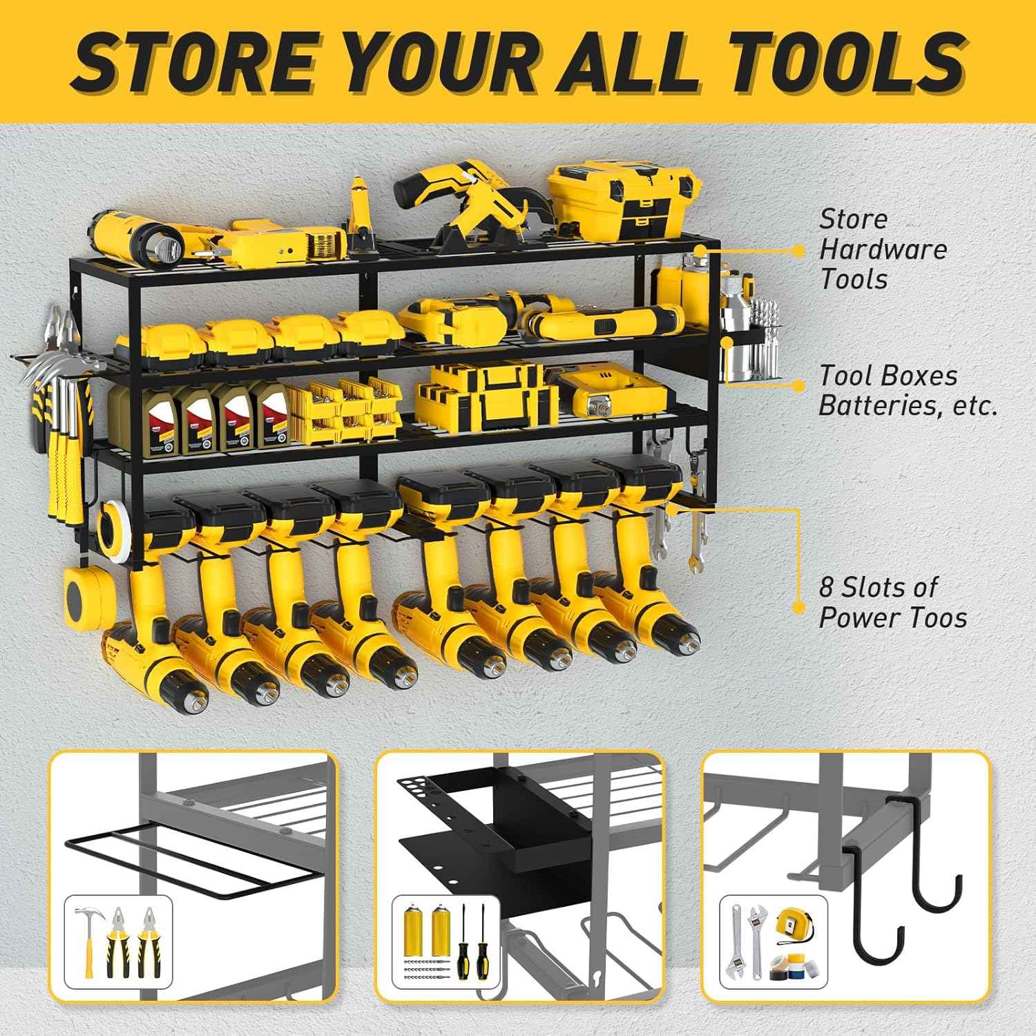 Heavy-Duty Wall-Mount Power Tool Organizer - 3 Extra Large Layers, 300lbs Capacity, 8 Cordless Drill Holders for Garage & Workshop