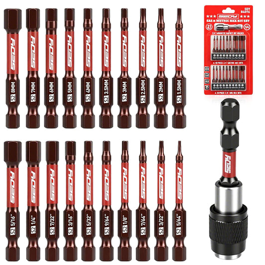 21-Piece 2.5" Hex Head Allen Wrench Drill Bit Set, 1/4" Hex Screwdriver Bits Set with Durable Magnetic Impact Bit Holder, SAE & Metric Allen Key, S2 Steel, Mechanic Home Repair