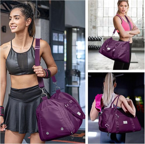 FIORETTO Women's Gym Tote Duffle Bag - Wet Pocket & Shoe Compartment | Dark Purple Sports Bag for Travel & Workouts