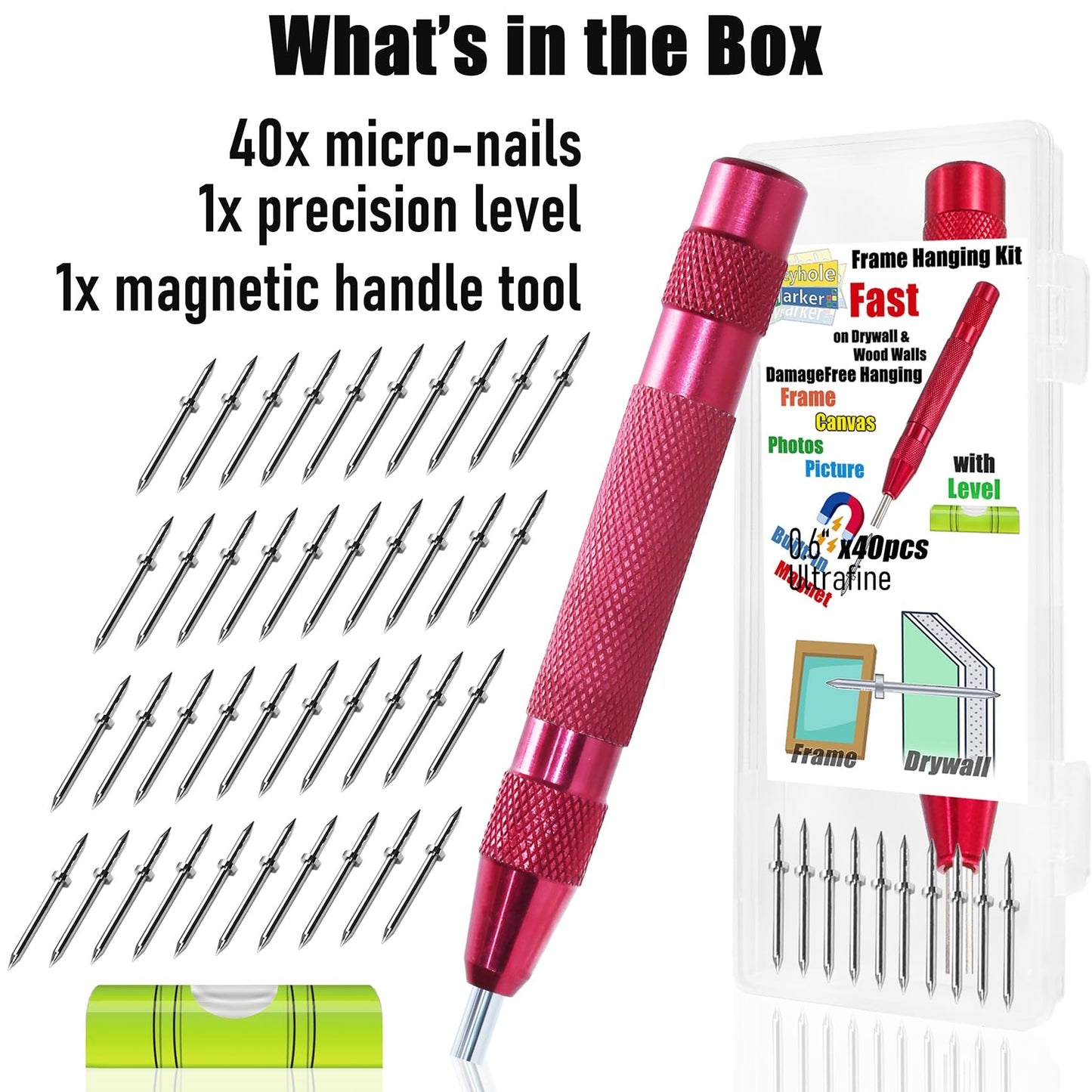 Quick Picture Hanging Tool Kit with Magnetic Handle & Level – Secure on Drywall/Wood Walls in Seconds – for Canvas, Photos, Wood Frames (40 Nails)