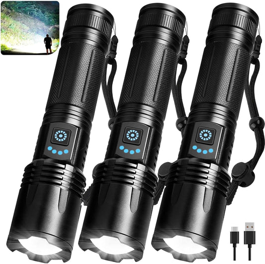 Rechargeable LED Flashlights 99,000 Lumens - 3 Pack Waterproof Handheld with 5 Modes