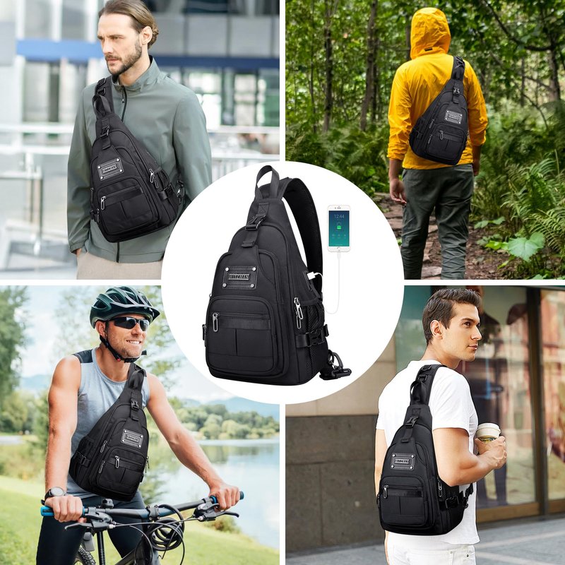 WITZMAN Sling Bag for Men Casual Crossbody Sling Bags with USB Charging Port for Travel Daily Cycling(B735 Black)