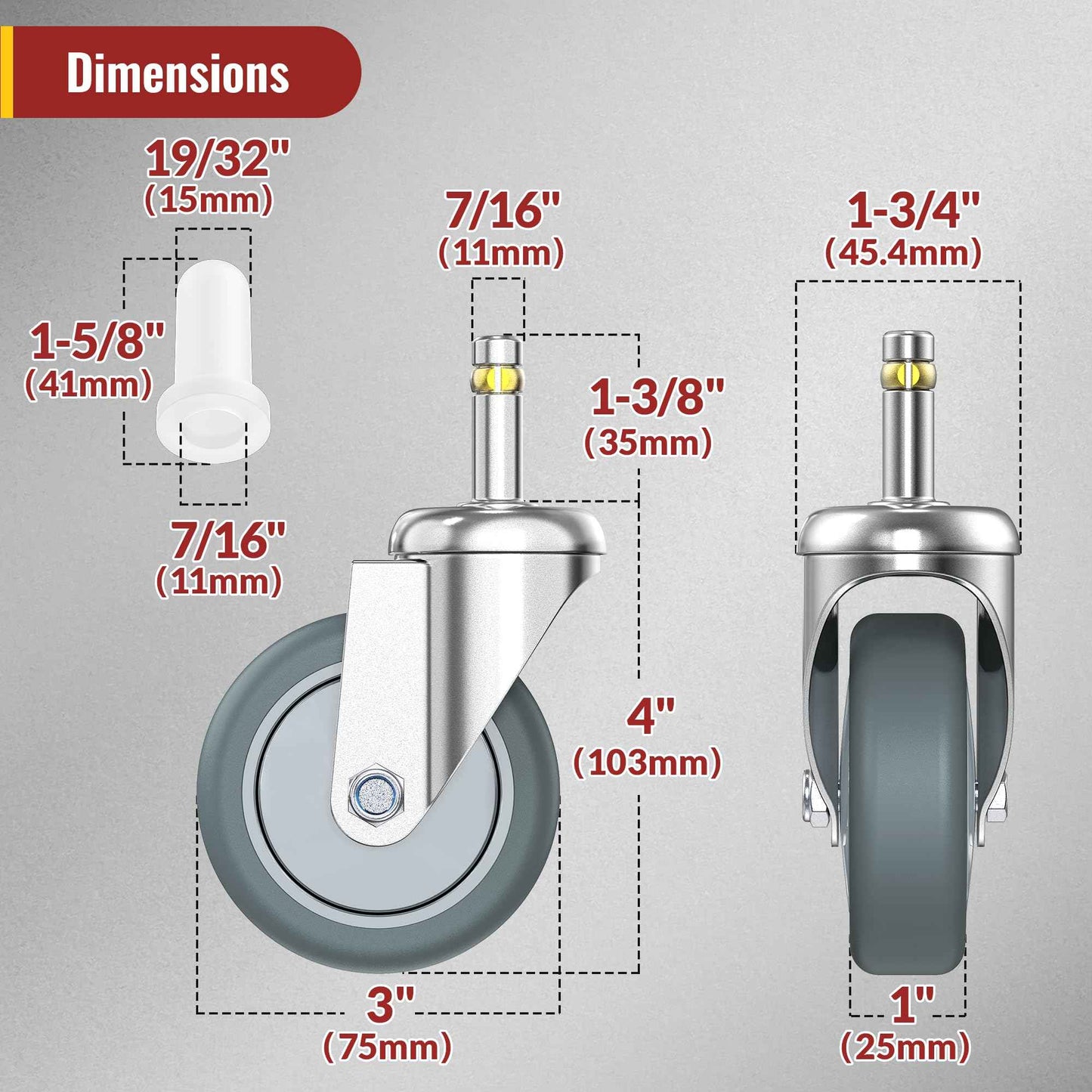 HOLKIE Stem Caster Wheels 3 inch Casters Set of 4, 7/16-Inch Stem Diameter Swivel Castors Heavy Duty TPR Rubber Replacement Castor for Cart, Stool, Mop Bucket, Grill, Shop Vac
