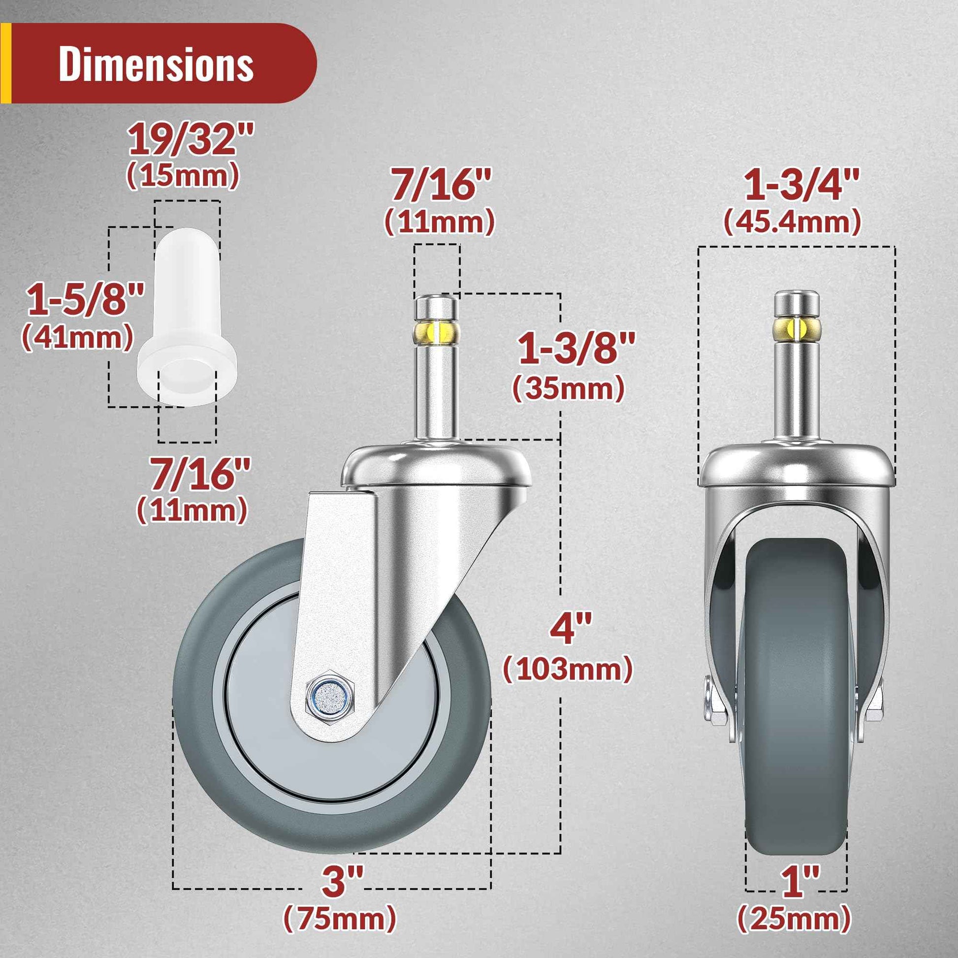 HOLKIE Stem Caster Wheels 3 inch Casters Set of 4, 7/16-Inch Stem Diameter Swivel Castors Heavy Duty TPR Rubber Replacement Castor for Cart, Stool, Mop Bucket, Grill, Shop Vac