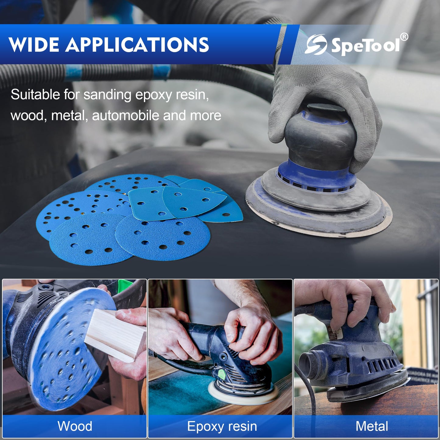 SpeTool 6 Inch Sanding Discs, 49 Hole Hook and Loop Sandpaper 60 Pack Compatible for Random Orbital Sander, Stearate Anti-Clog Coating with 180 Grit Ceramic Aluminum Oxide Abrasives for Sanding Chore