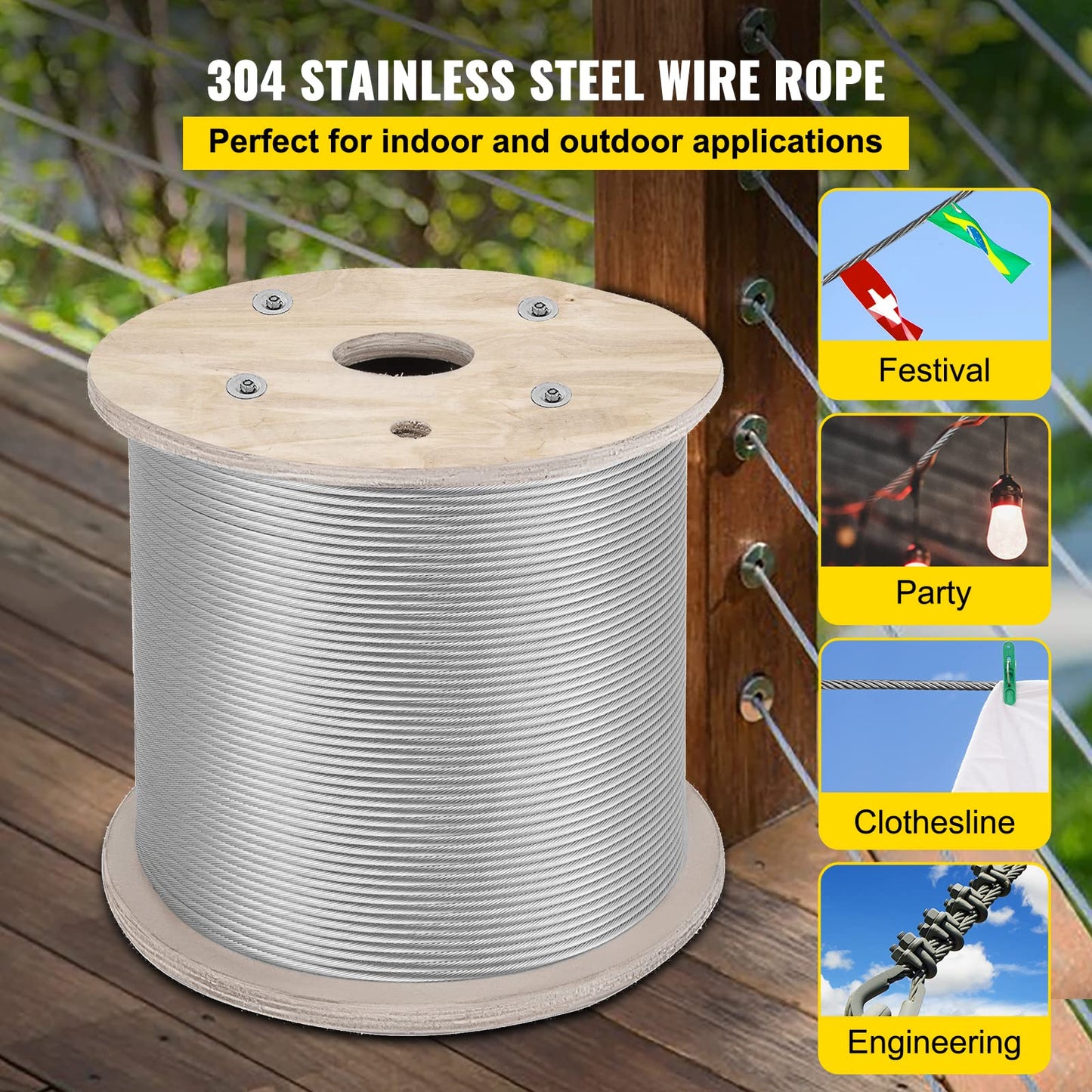 VEVOR 1/4" Stainless Steel Cable 200FT, T304 7x19 Tighter Core Cable Railing System Wire Rope Aircraft Deck Railing Kit Fence Wire