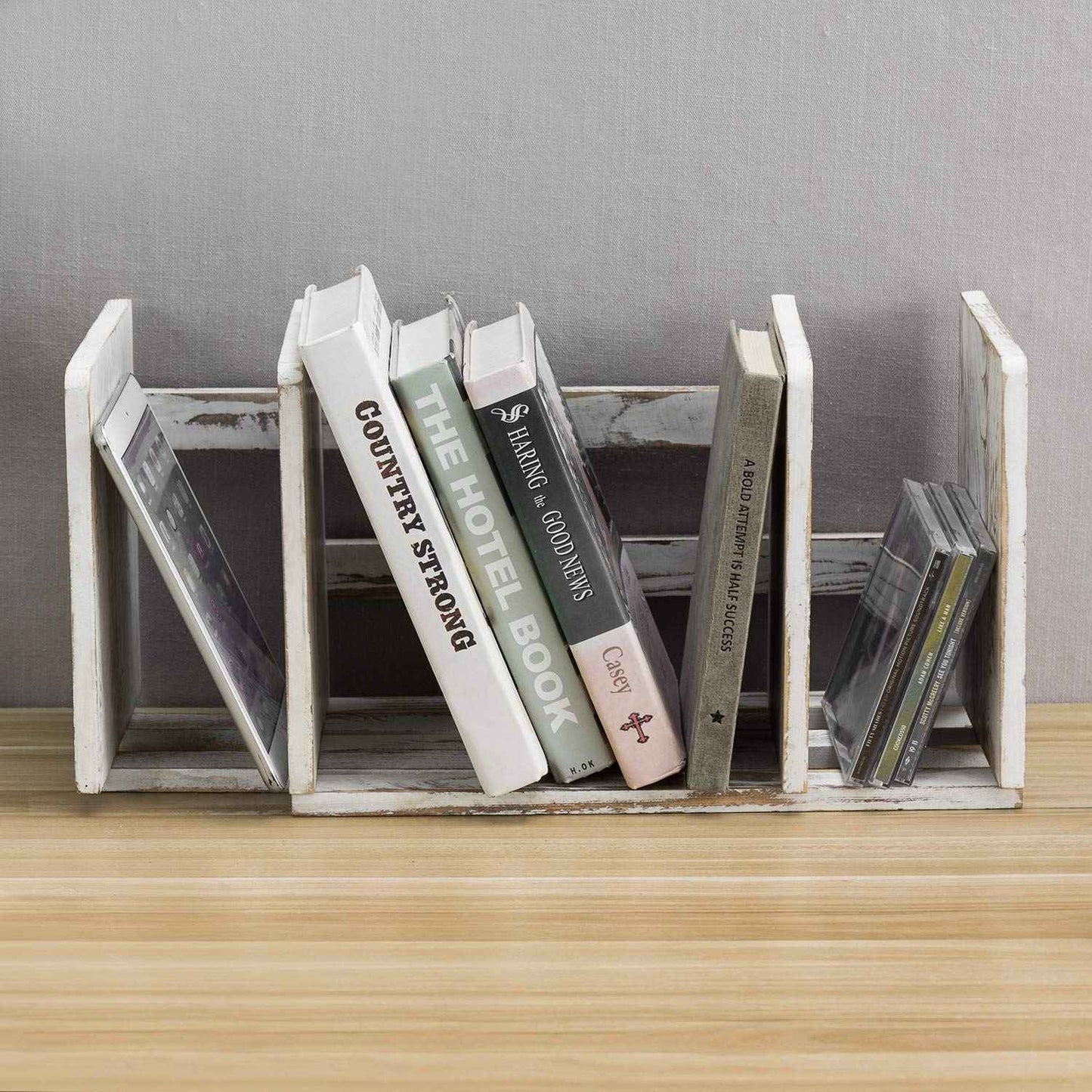 MyGift Rustic Expandable Whitewashed Wood Desktop Bookshelf/Adjustable Tabletop Book Holder Organizer Rack