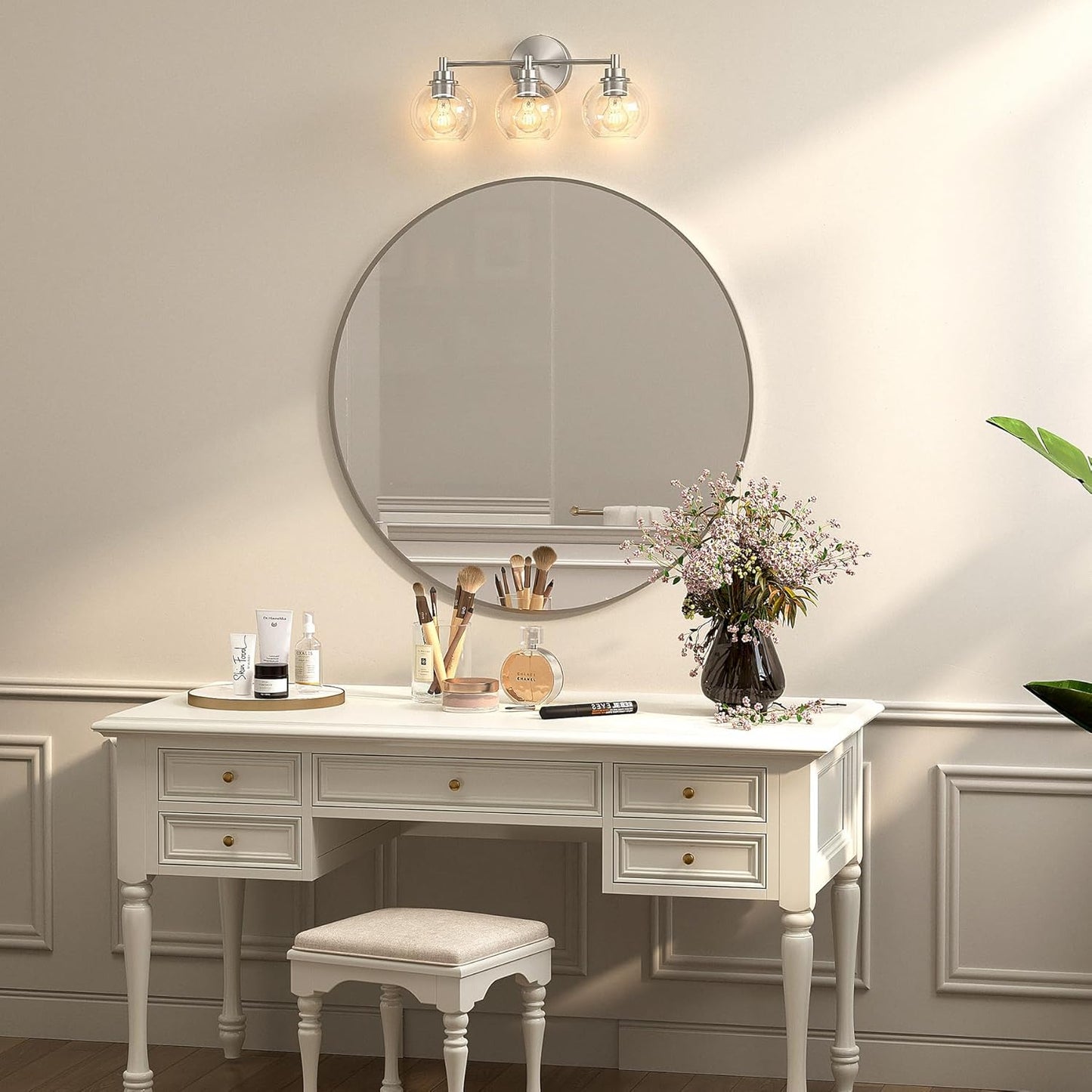 3-Light Vanity Bathroom Light Fixture with Globe Glass Shades - Brushed Nickel, ETL Certified