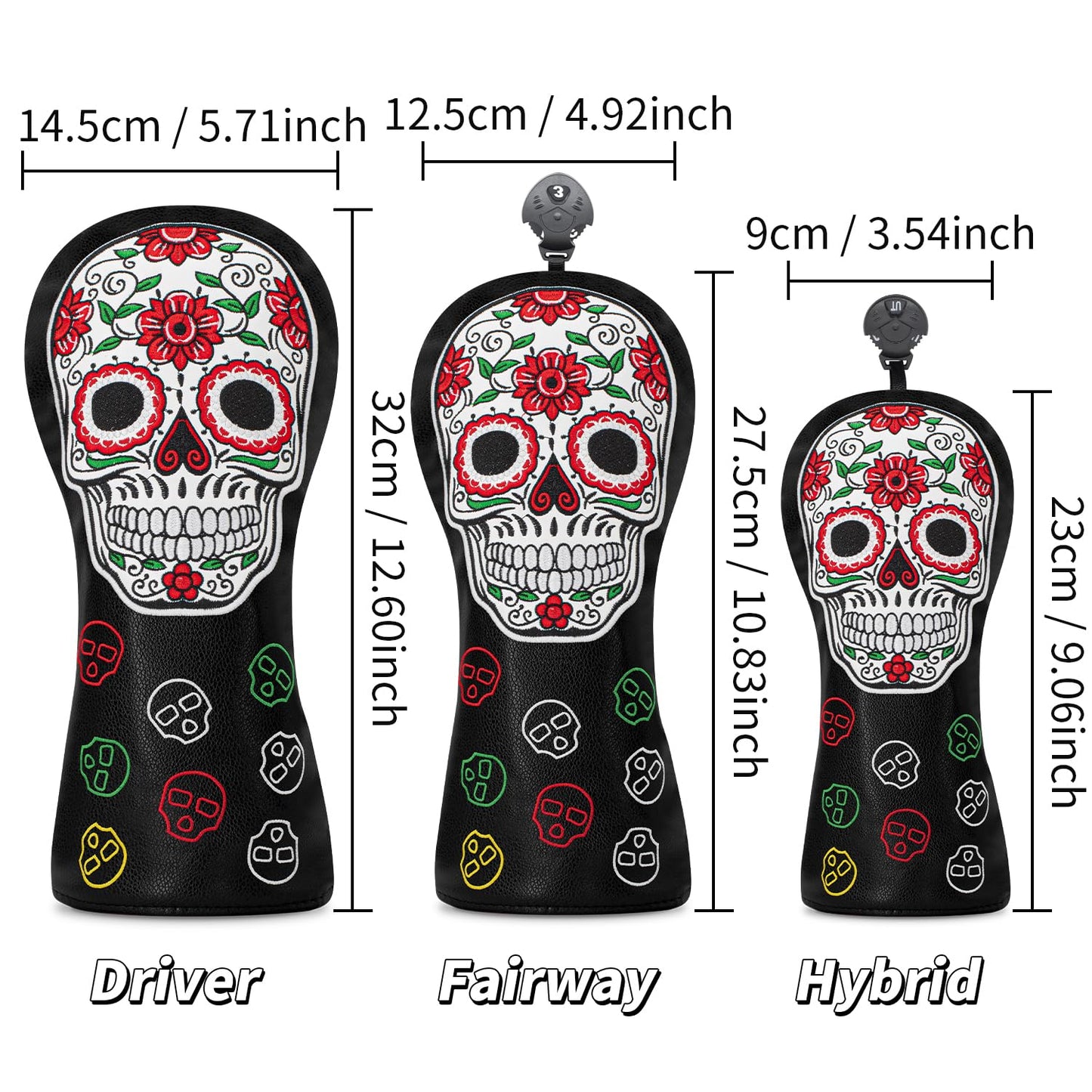 Golf Head Cover Golf Club Red Flower Skull Design Golf Covers PU Headcovers Set Fits Driver Fairway Wood Hybrid Utility Woods Iron Wedge Headcover.