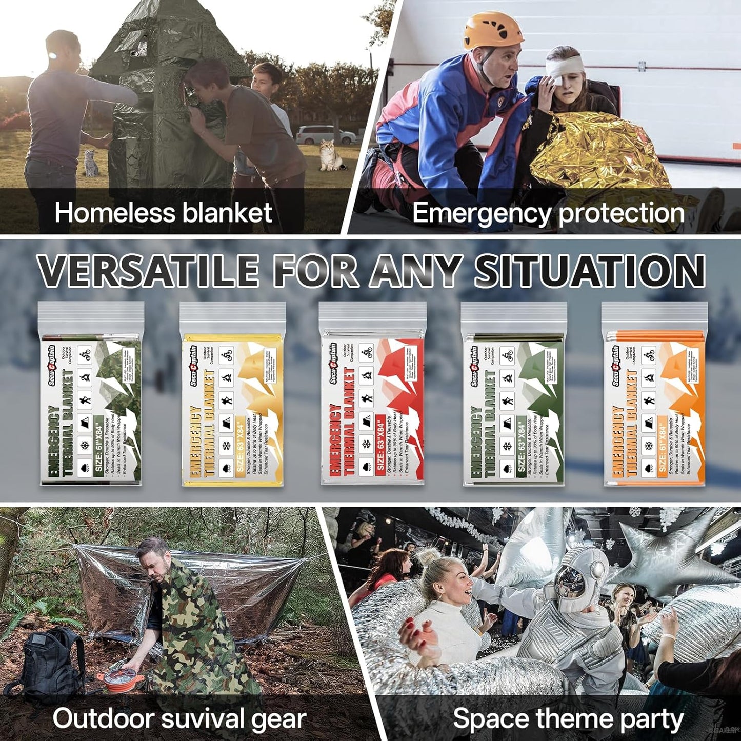 SecuCaptain Thermal Emergency Blankets - Thick 28um Mylar Kit for Cold Weather Camping | 4 Pack - Orange