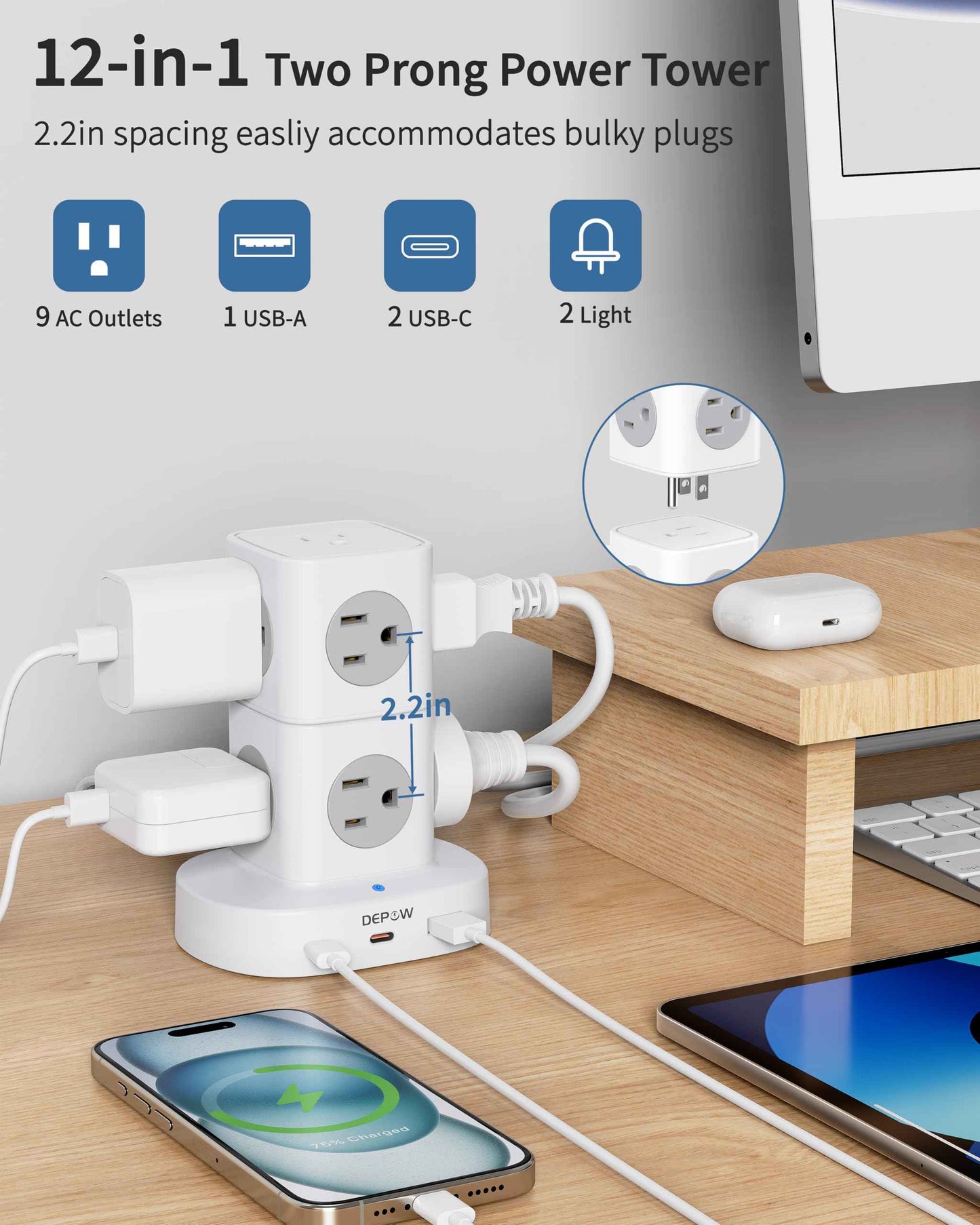 DEPOW 2 Prong Power Strip, 2 to 3 Prong Outlet Adapter with 9 Outlets 3 USB Ports (2 USB C), 1700J Two Prong Surge Protector, 5FT Extension Cord, Wall Mount for Old House Non-Grounded Outlets