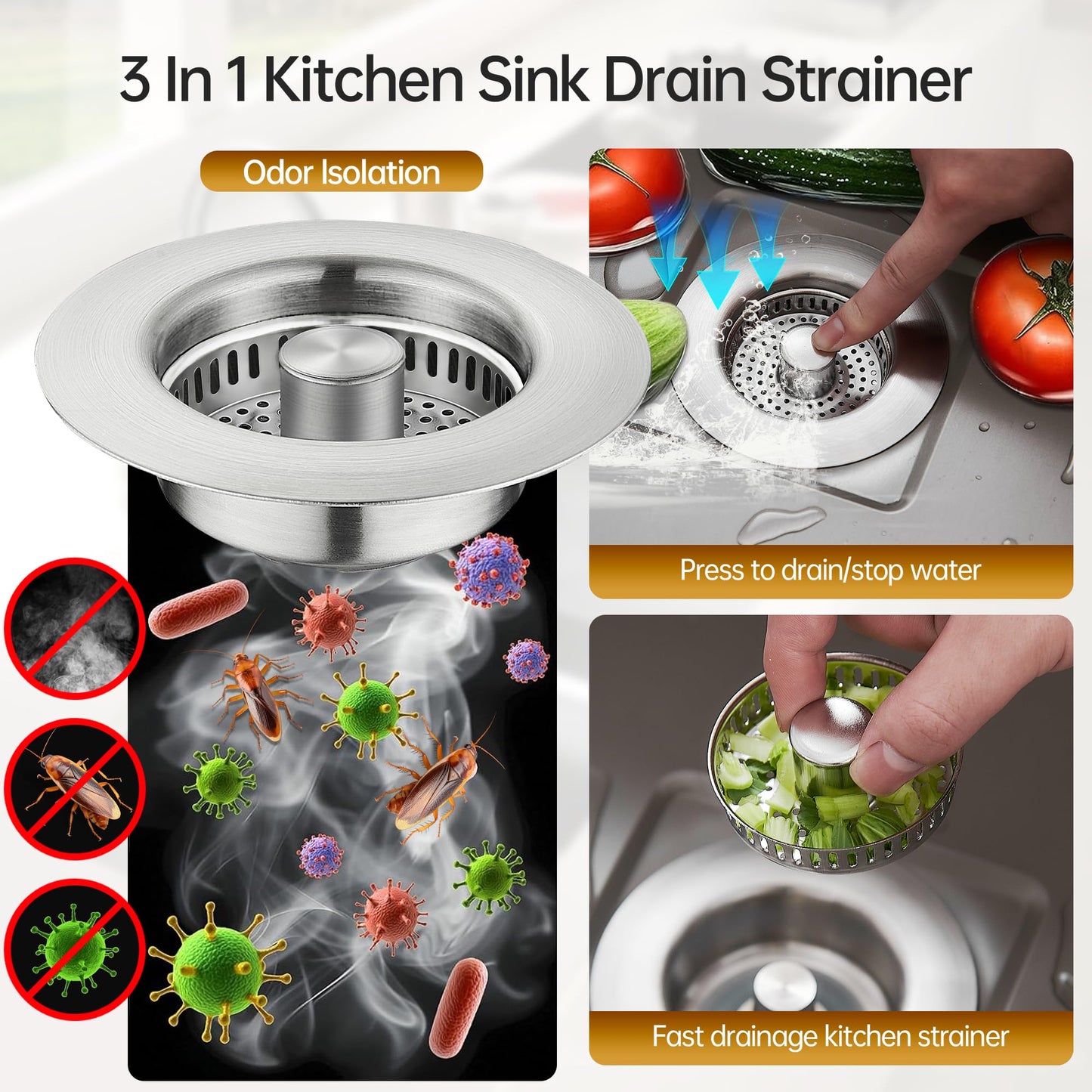 YYKBZ 3 in 1 Kitchen Sink Drain Strainer, Stainless Steel Pop Up Sink Stopper, Plug for Sink Drain Strainer with Anti-Clogging Basket for Us Standard 3-1/2"Drain Easy to Install (1pcs)