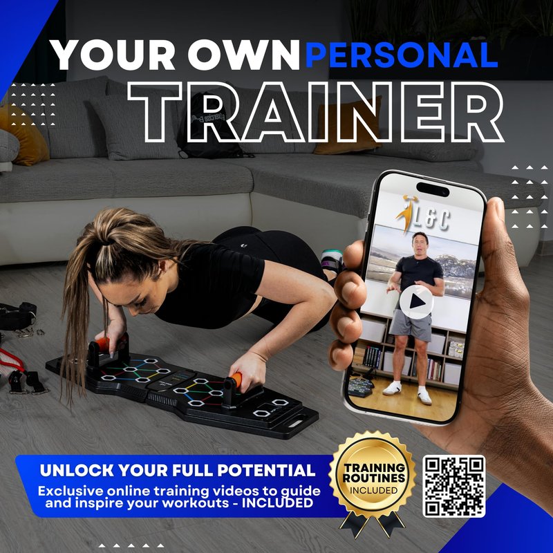 Push Up Board for Full Body Workout - Versatile Home Workout Equipment with QR Code Guided Workouts, Sweat Resistant Handles, Resistance Bands, Perfect for Beginners to Pros - L&C Exercise Essentials