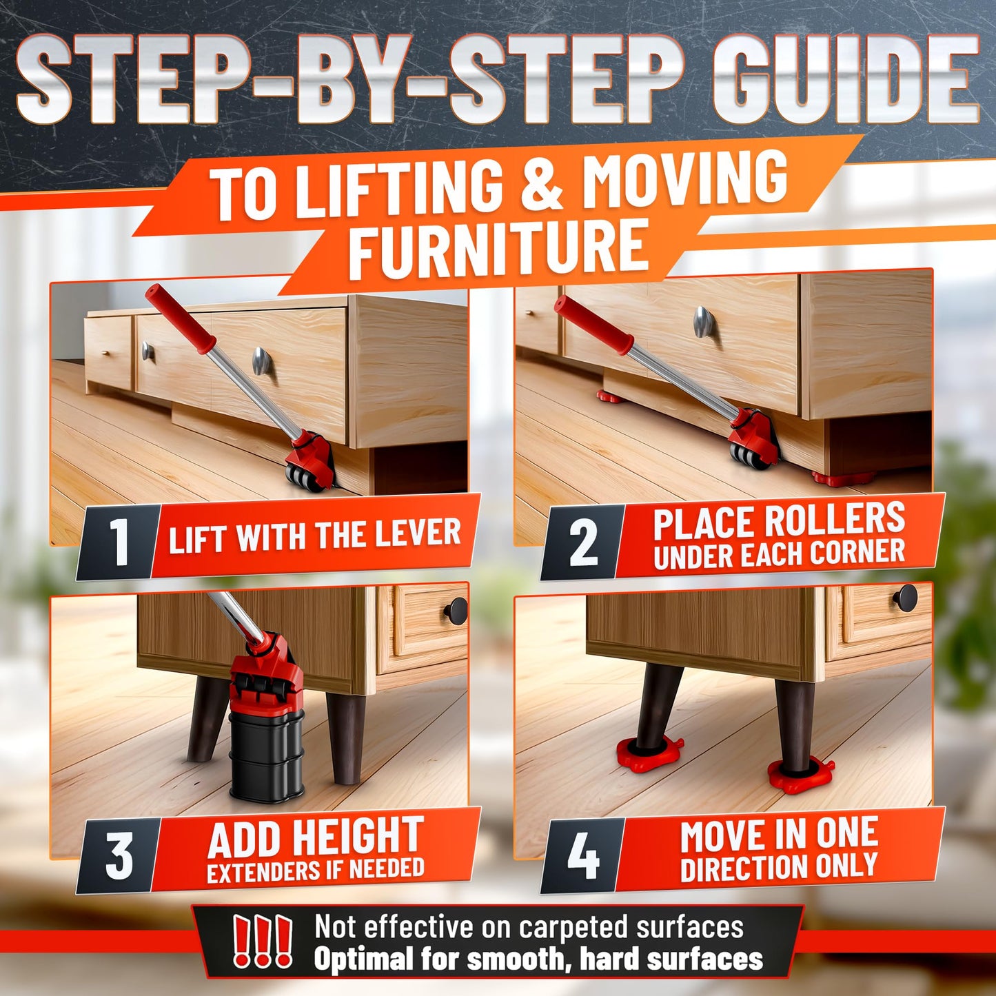 Furniture Lifter Tool with 4 Appliance Rollers 660 Lbs - Furniture Lifters for Heavy Furniture Movers with Wheels Furniture Lift Mover Tool Set - Heavy Furniture Sliders Moving Furniture Gliders Red