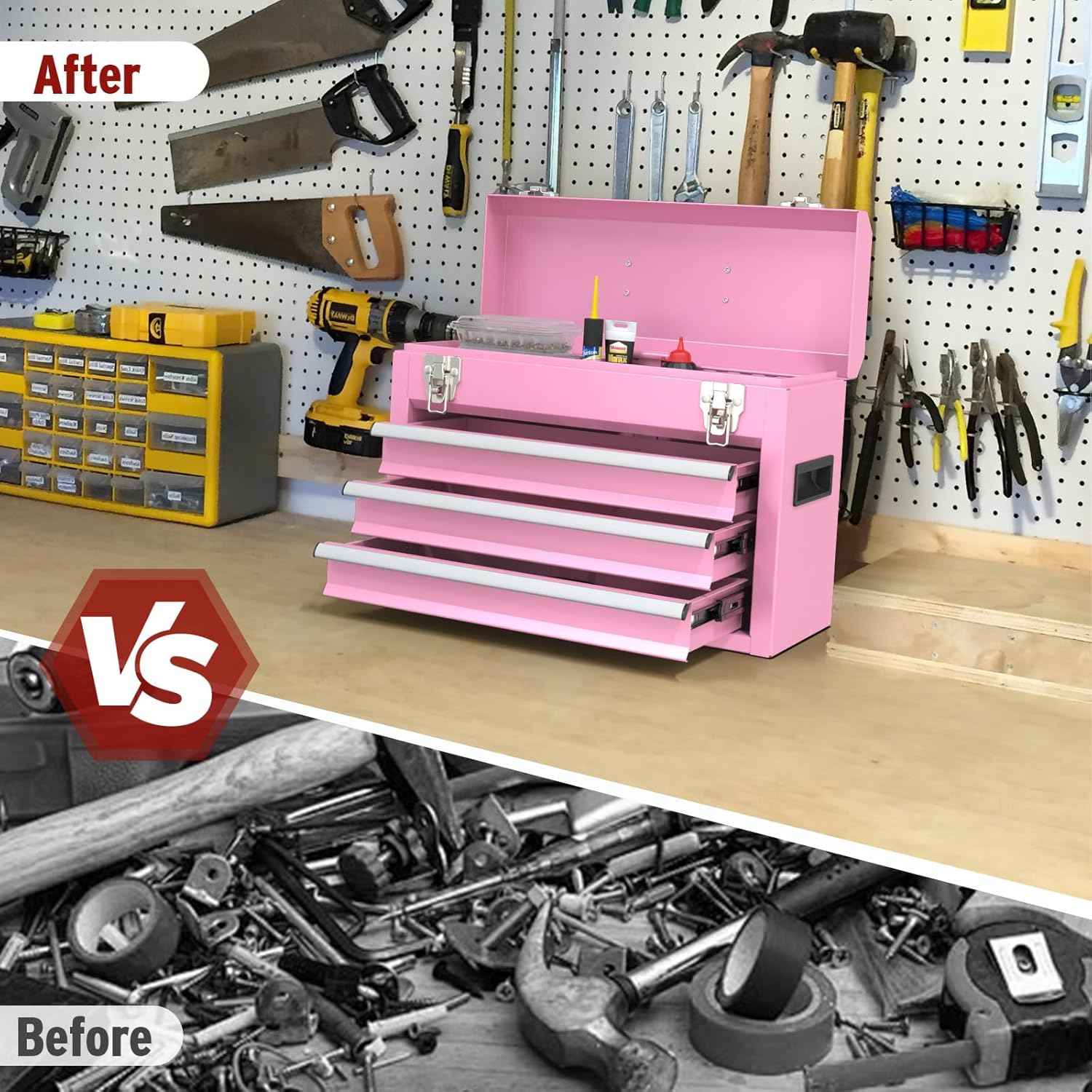 Portable Pink 3-Drawer Steel Tool Box with Locking System for Tool Storage