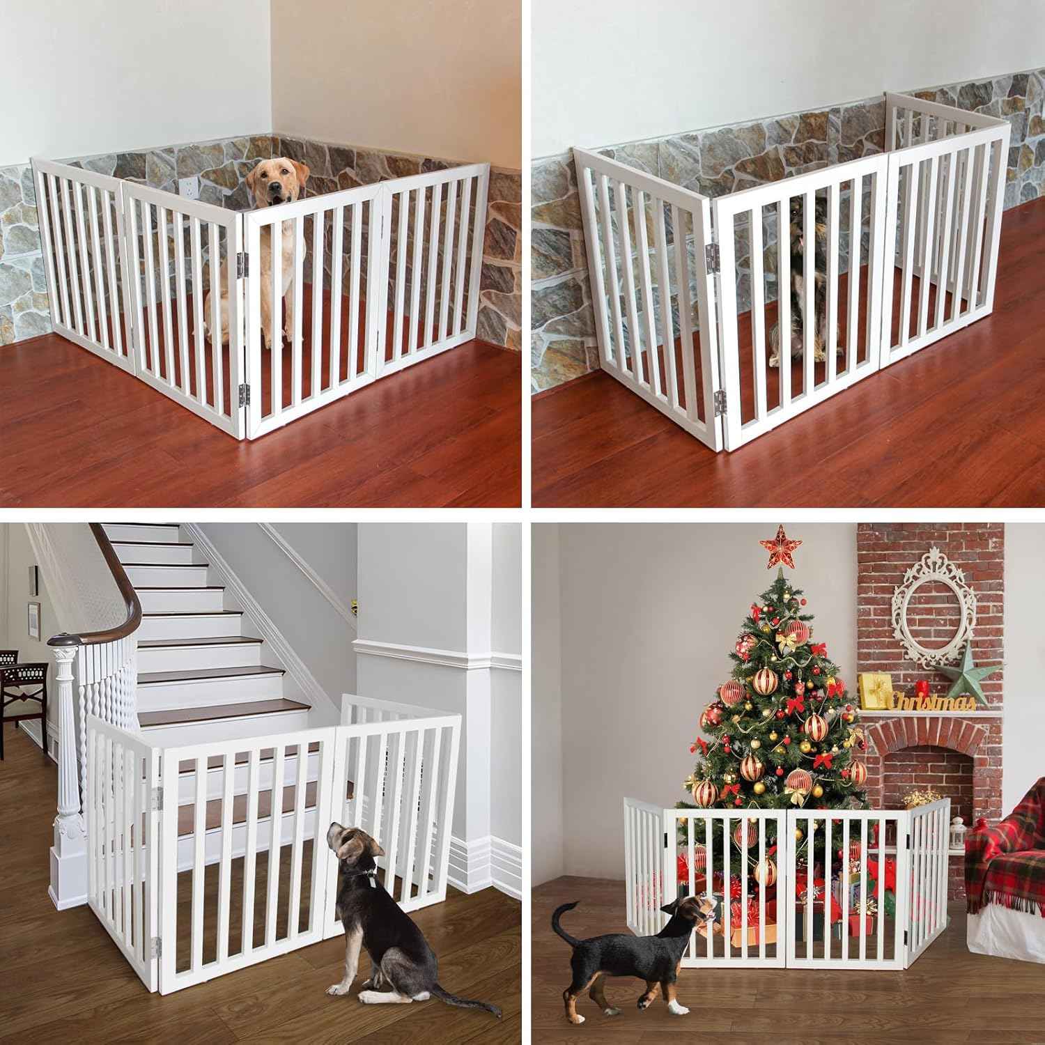 Extra Wide Freestanding Indoor Dog Gate - Foldable 3-Panel Wood Pet Barrier for Doorways & Stairs - 24” Height, White