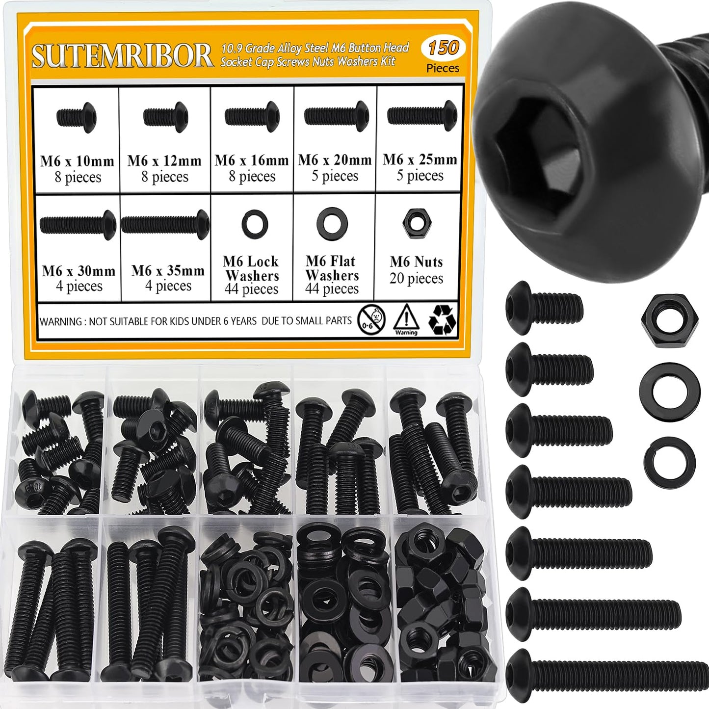150 Pieces M6 Screws Nuts Washers Set Black, Sutemribor M6 x 10/12/16/20/25/30/35mm Button Head Socket Cap Screws Nuts Washers Assortment Kit, 10.9 Grade Alloy Steel, Fully Threaded