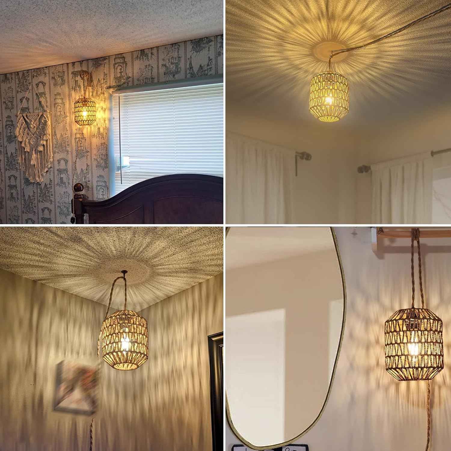 Boho Rattan Pendant Light with 3 Bulbs & 22ft Cord - Woven Hanging Chandelier for Bedroom, Kitchen, Hallway