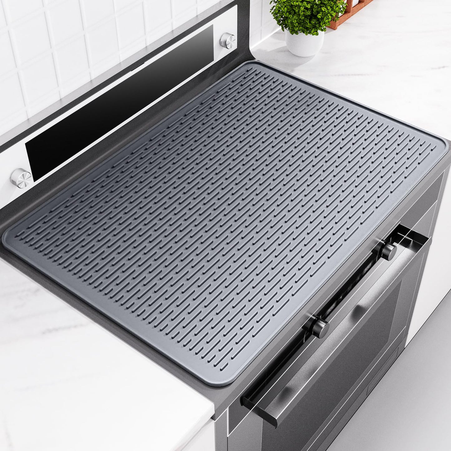 IKANFI Stove Top Cover for Electric Stove, Dish Drying Mat for Kitchen, Glass Cooktop Protector, Heat Resistant Waterproof Foldable Anti-Slip Silicone Mat (Gray, 30''L x 21''W)