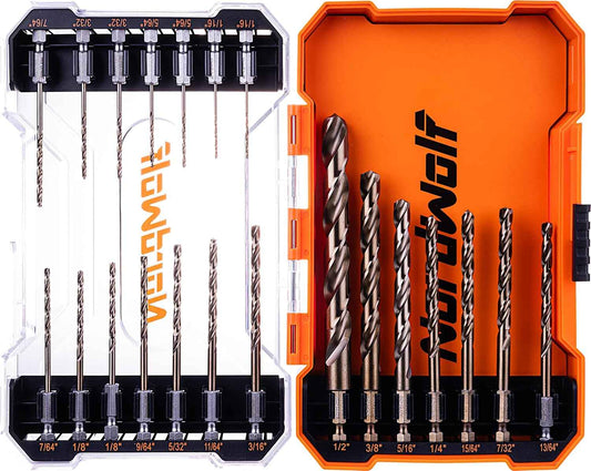 21-Piece Cobalt Drill Bit Set for Stainless Steel & Hard Metals - Jobber Length, 1/4" Hex Shank, SAE Sizes in Storage Case