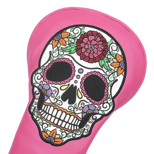 SHABIER Pink Golf Driver Headcover with Rose Embroidery Sugar Skull Design for Golf Driver Club