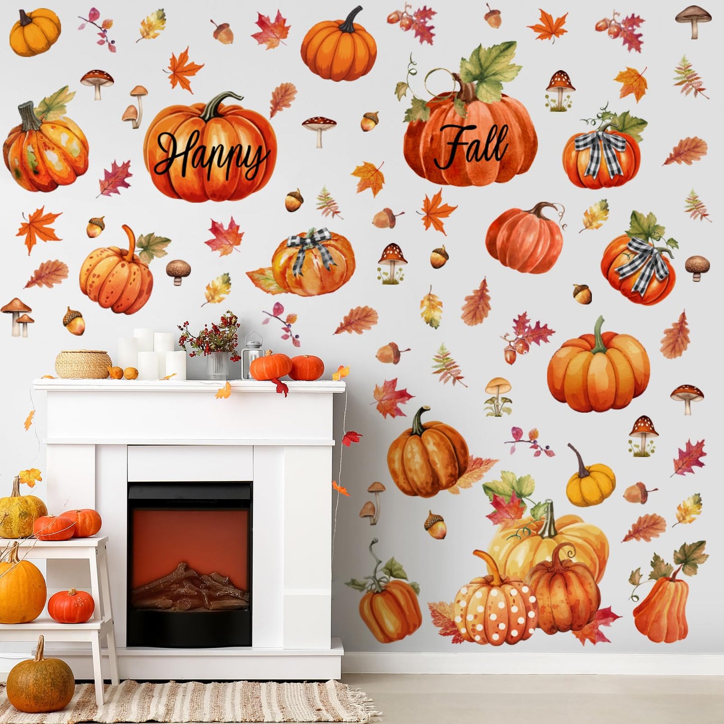 Eersida 6 Sheets 89 Pcs Fall Wall Stickers Oil Painting Pumpkin Wall Decals Maple Leaves Decals Stickers for Autumn Glass Thanksgiving Home Decor and Fall Decoration Kitchen Living Room