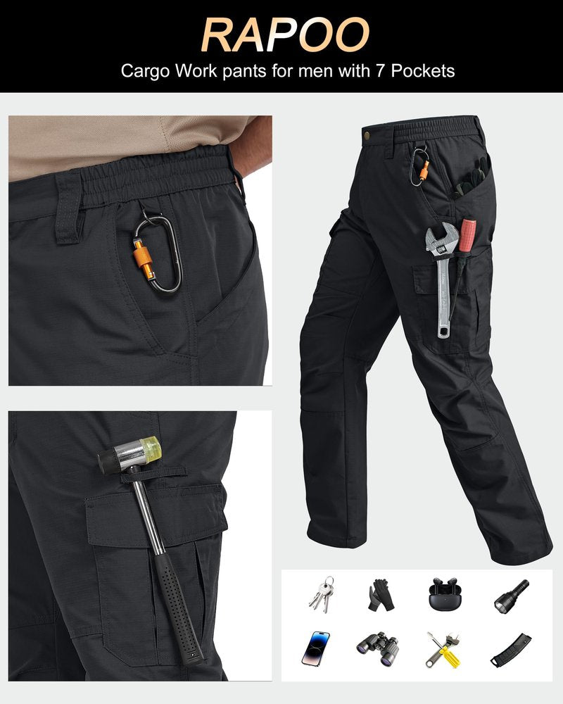 Rapoo Cargo Work Pants for Men Military Army Casual Hiking Pants for Men with Multi Pockets Elastic Waist Mens Ripstop Construction Carpenter Pants Black 34Wx32L