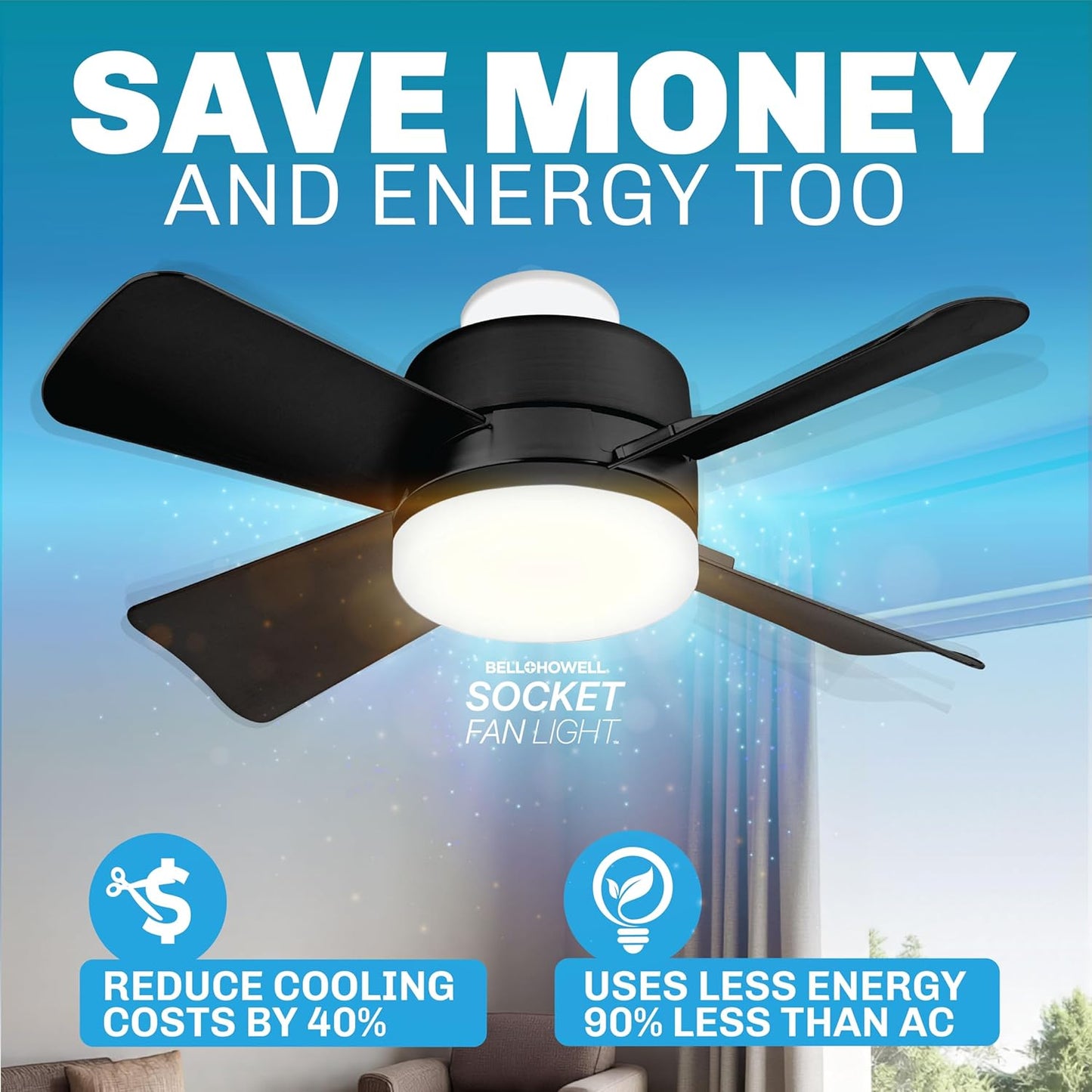 Socket Breeze Ceiling Fan with Light & Remote - Portable 3500K 1000 Lumens E26/E27