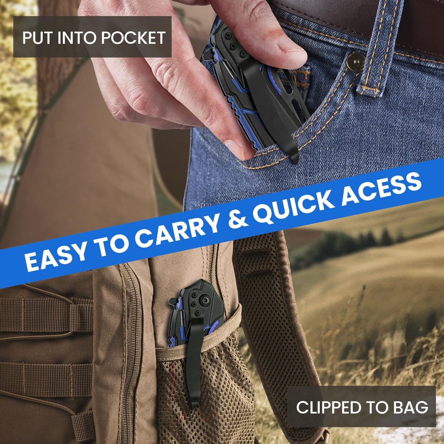 FUNBRO Cool Pocket Knife for Men, Camping Knife with 3.4” Stainless Steel Blade, EDC Folding Knives with Clip for Outdoor Hiking, Gifts for Dad Him Husband (Blue)