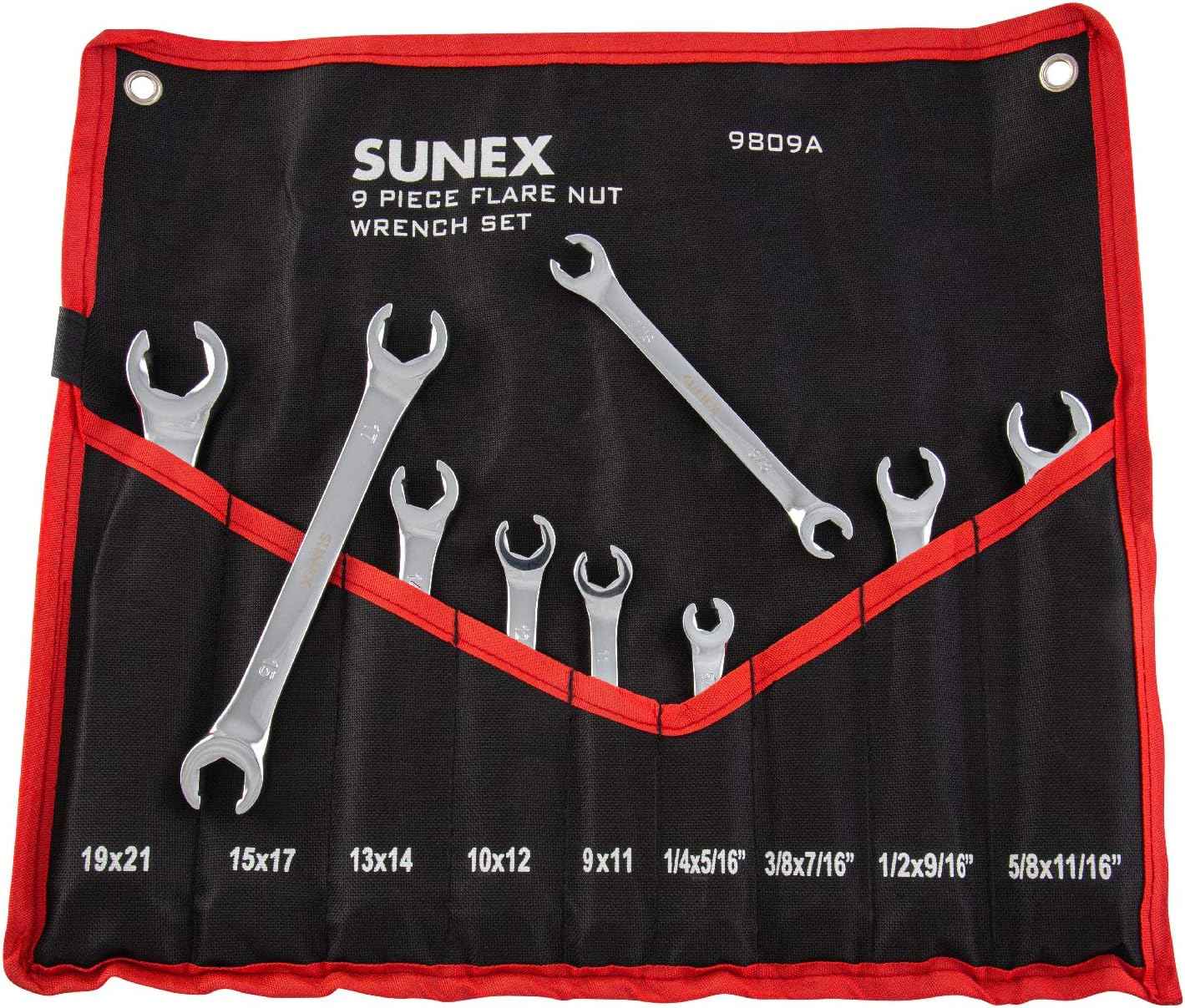 Sunex 9809A Flare Nut Wrench Set - 9-Piece SAE & Metric, Fully Polished with Roll Case