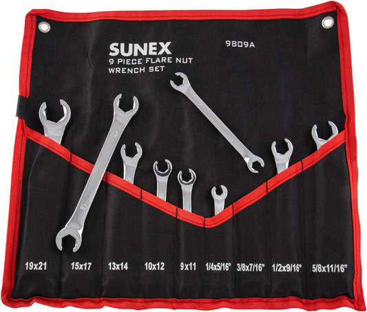Sunex 9809A Flare Nut Wrench Set - 9-Piece SAE & Metric, Fully Polished with Roll Case