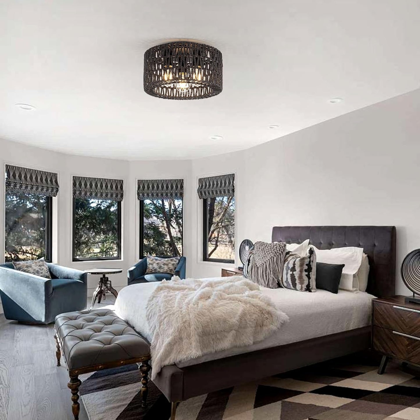 Bohemian Rattan Ceiling Light Fixture - 3-Light Woven Flush Mount for Bedroom & Living Room