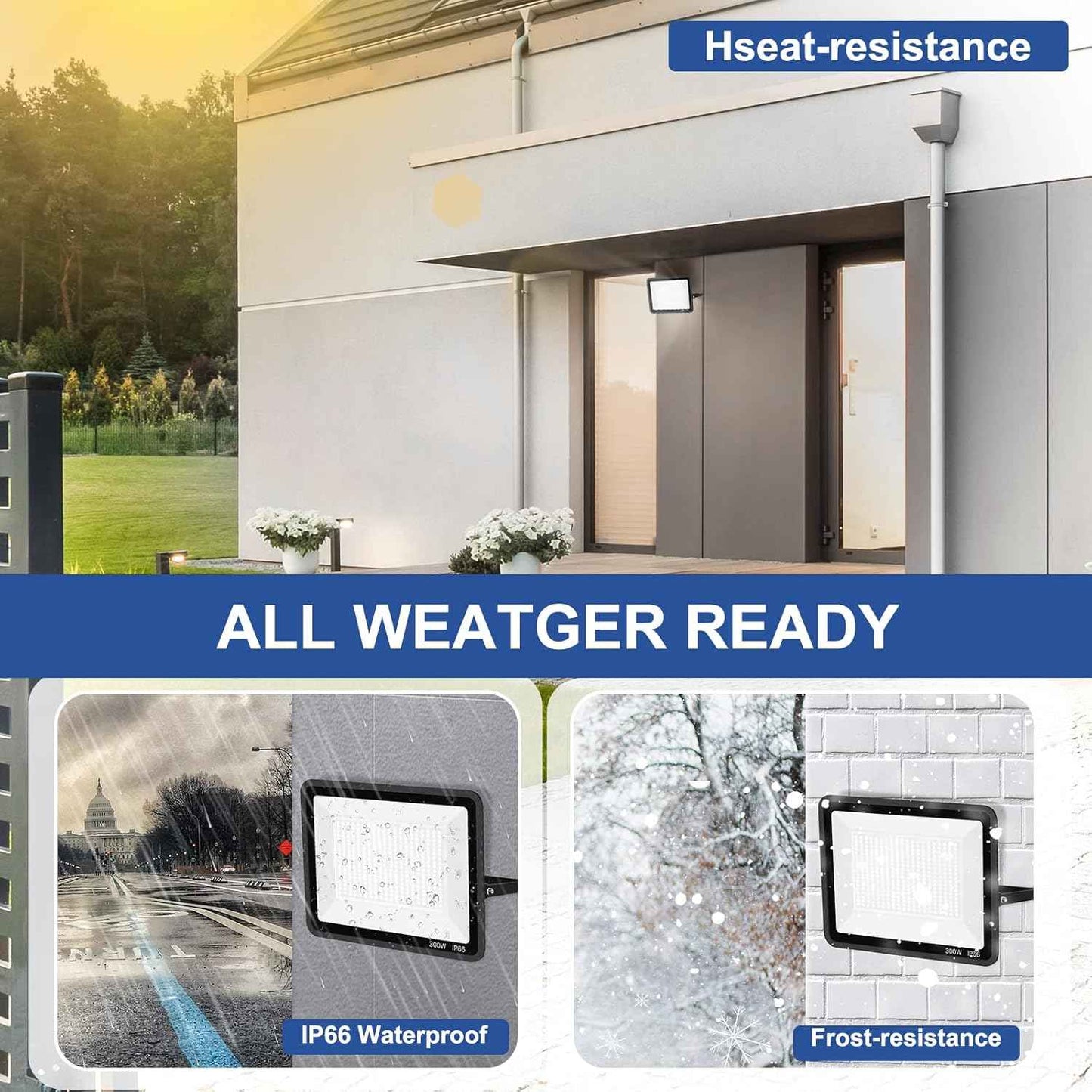 300W LED Flood Light - 2000W Equivalent, 5000K Daylight, 43500LM Waterproof Commercial Lighting for Sports Fields & Stadiums