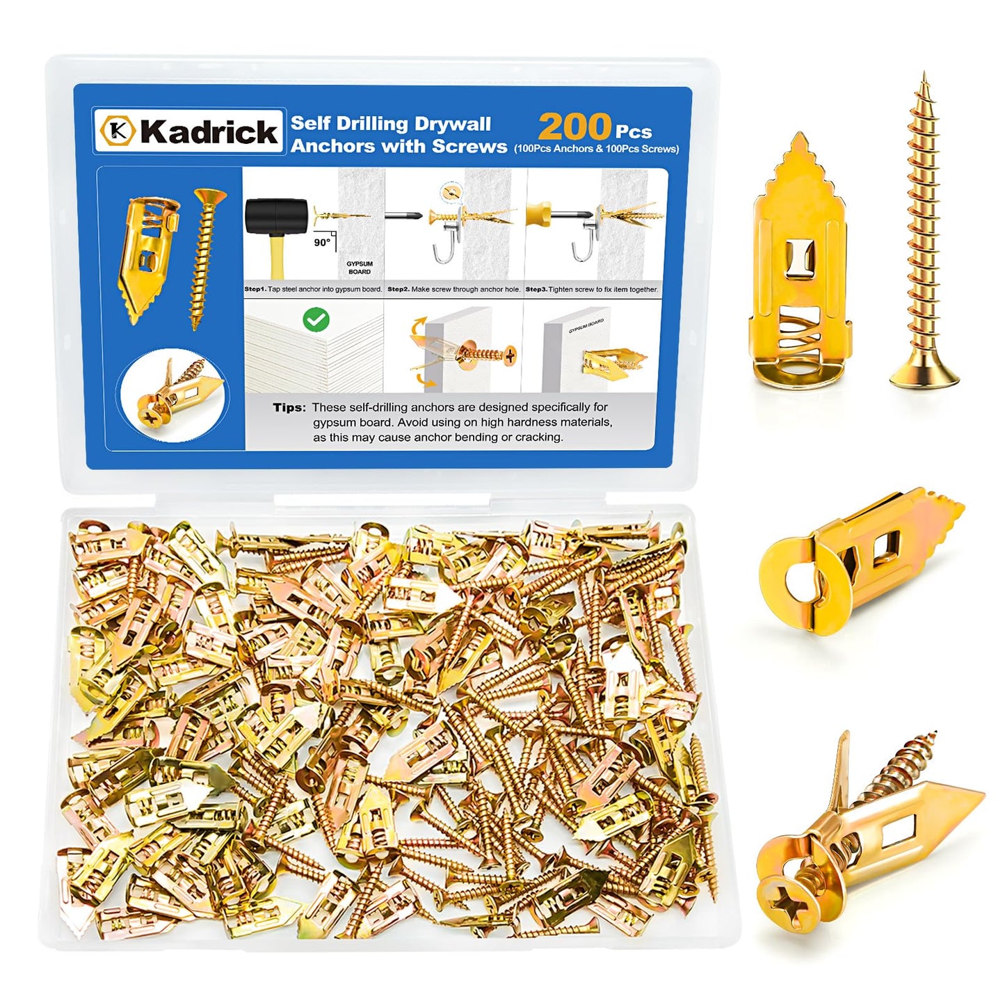 Kadrick 200Pcs Self Drilling Drywall Anchors with Screws,Zinc Plated Steel,2025 Upgraded Hollow Wall Anchors and Screws Kit, Easy Application No Drill or Holes in Wall(100 Anchors and 100 Screws)