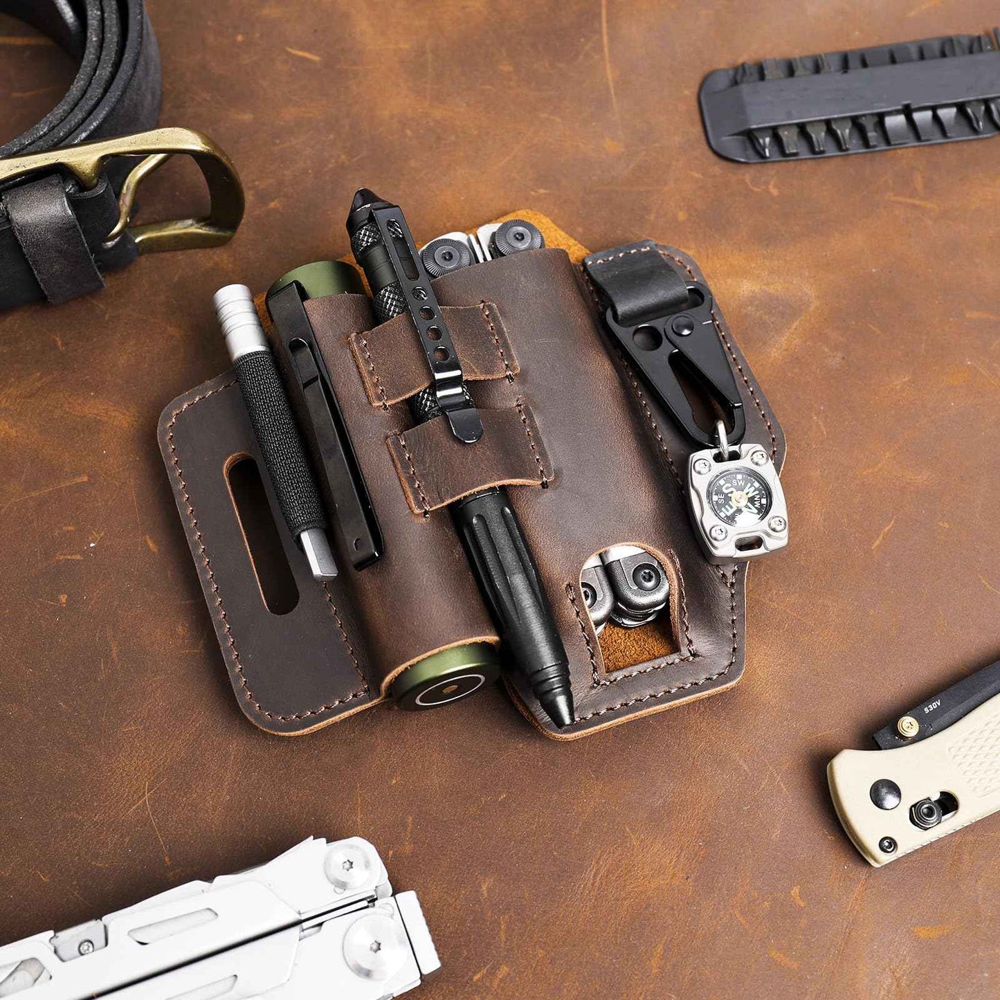 Topstache Multitool Sheath for Belt - EDC Belt Organizer - Leather Multitool Holster with Flashlight Holder, Elastic Band Pen Holder and Keychain Clip - Multitool Holder - Multitool Pouch, Darkbrown