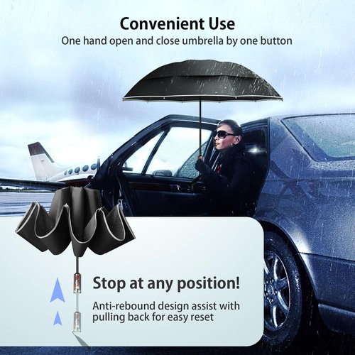 Urvoix Compact Golf Umbrellas Windproof, Travel Umbrella for Rain, 10 Ribs Aluminum Alloy & Fiberglass w/Reflective Stripe, Double Canopy Automatic Anti-bounce Close (Black)