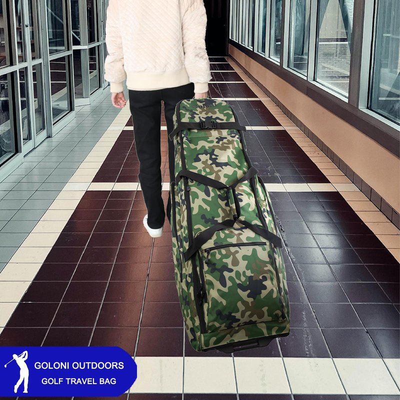 Golf Travel Bags for Airlines with Wheels,900D Heavy Duty Oxford Wear-Resistant Soft-Sided Golf Club Flight Bag with Adjustable Support Rod,Green Camo