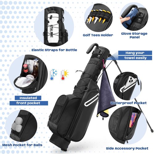 GOBUROS Golf Stand Bag Fit Up to 7 Clubs, Compact Design for Par 3 Courses and Driving Range, Lightweight Pitch and Putt Golf Bag, with Padded Double Strap, Rain Cover, Accessory Pockets, Black