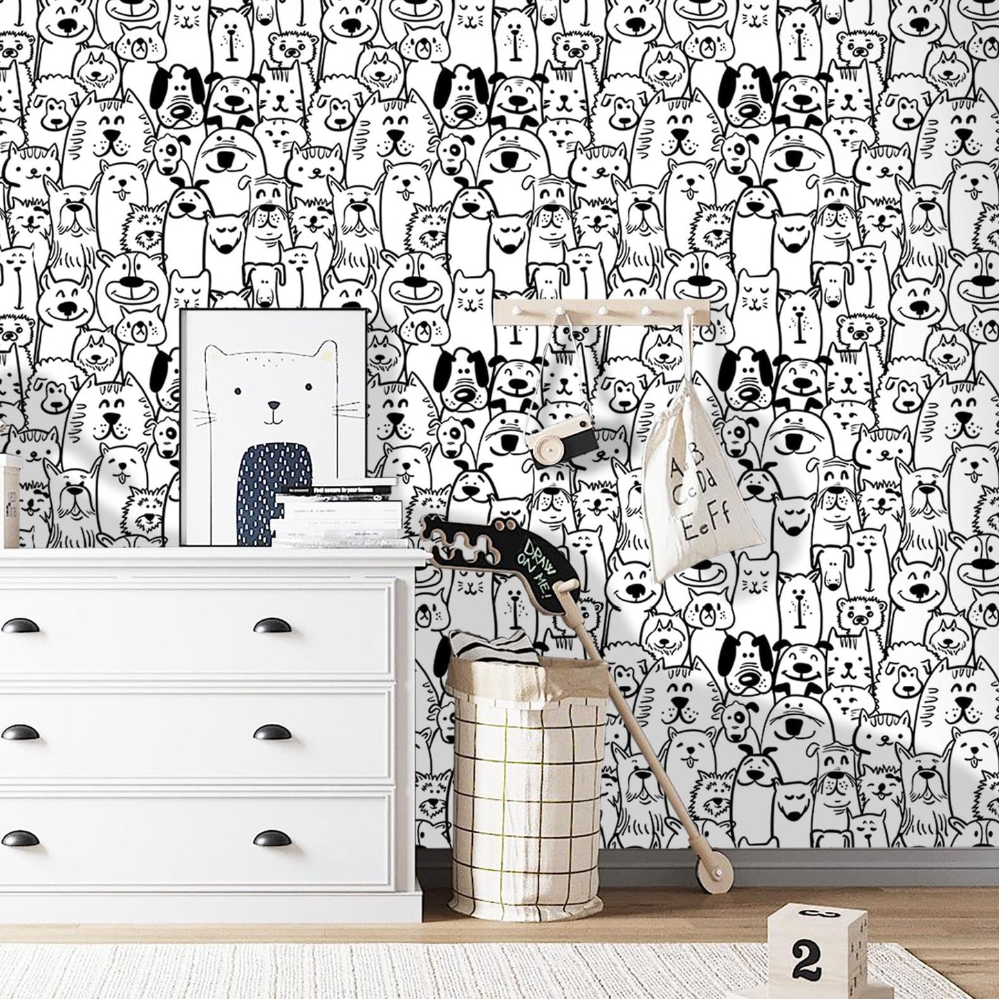 Fiula Peel and Stick Wallpaper Contact Paper Black and White Wallpaper Modern Dog Animal Wall Paper Textured Self Adhesive Removable Wallpaper for Nursery Kids Room Shelf Liner Vinyl Roll 78.7"x17.3"