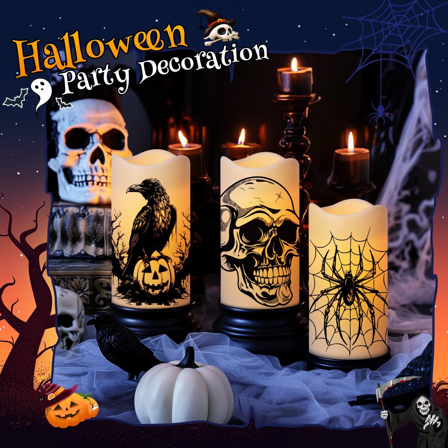 Halloween Decorations Indoor Flameless Candles Flickering Lights with Skull Spider Webs Crow Pumpkins Bats Witch, 6 Hrs Timer for Home Window Mantel 3 Pack