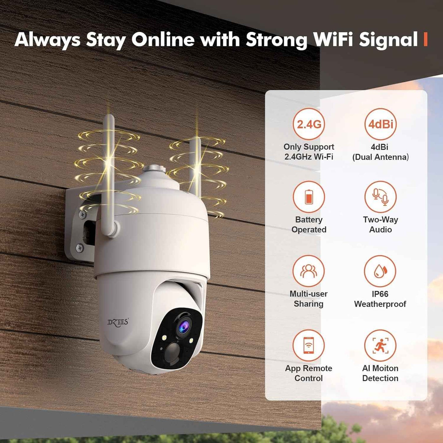 2K Wireless Outdoor Security Camera - Dzees 360° PTZ, Color Night Vision, AI Motion Detection, 2-Way Talk, IP66