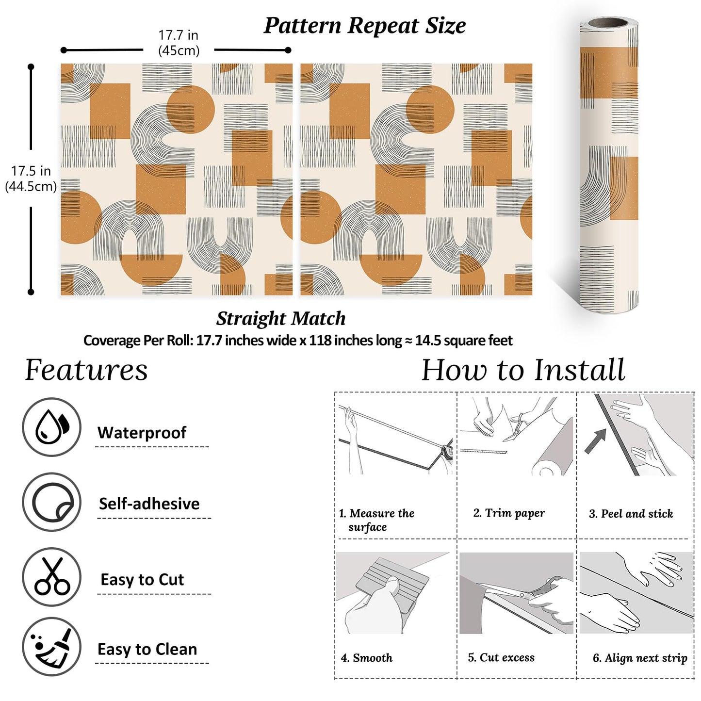 VEELIKE Boho Geometric Wallpaper Peel and Stick Mid Century Modern Wallpaper for Bedroom Bathroom Removable 17.7''x118'' Abstract Peel and Stick Wallpaper Geometric Contact Paper for Walls Shelves