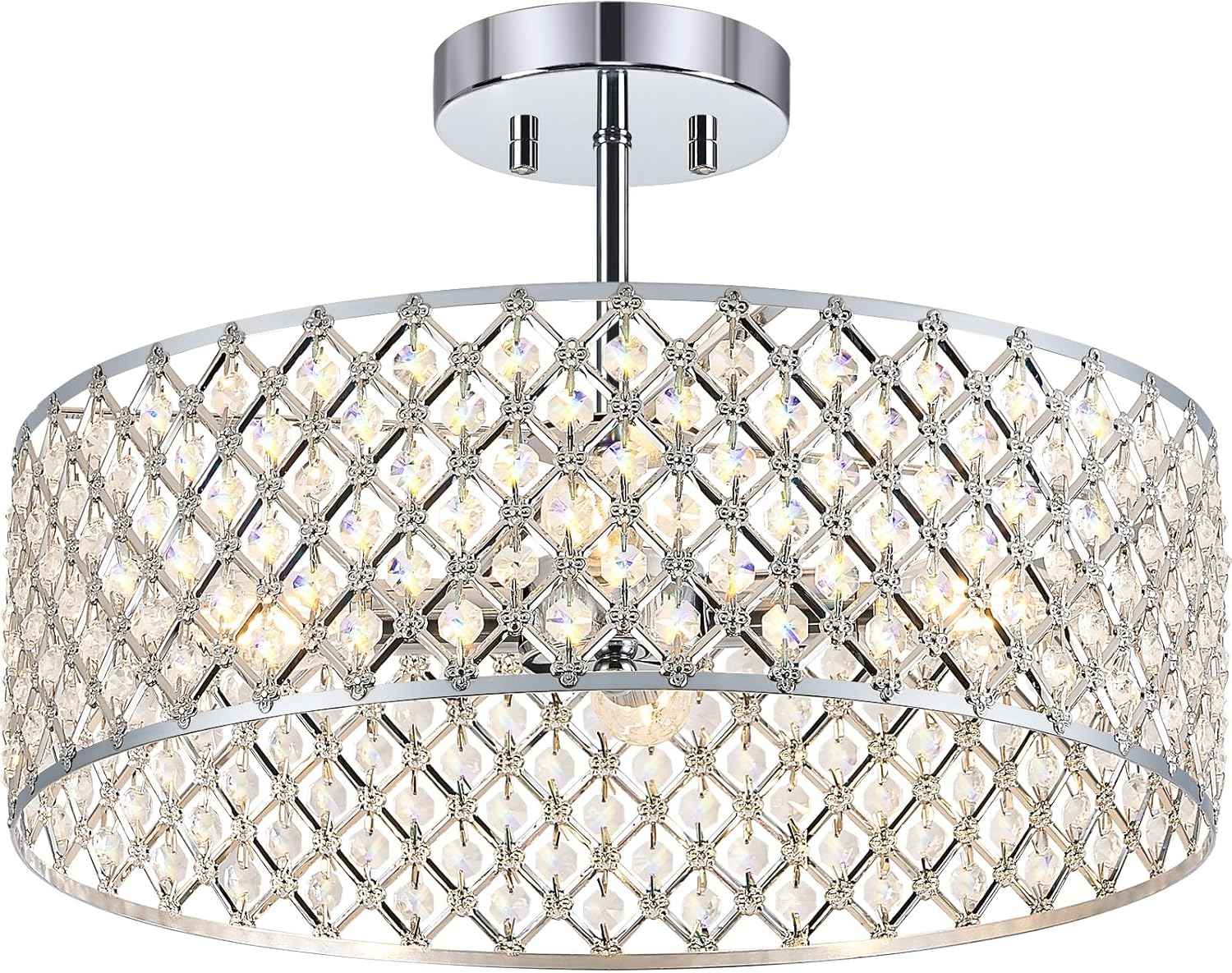 Modern Black Crystal Semi Flush Mount Ceiling Light Fixture - 11.2" Round Chandelier for Dining Room, Hallway, Kitchen & Bedroom