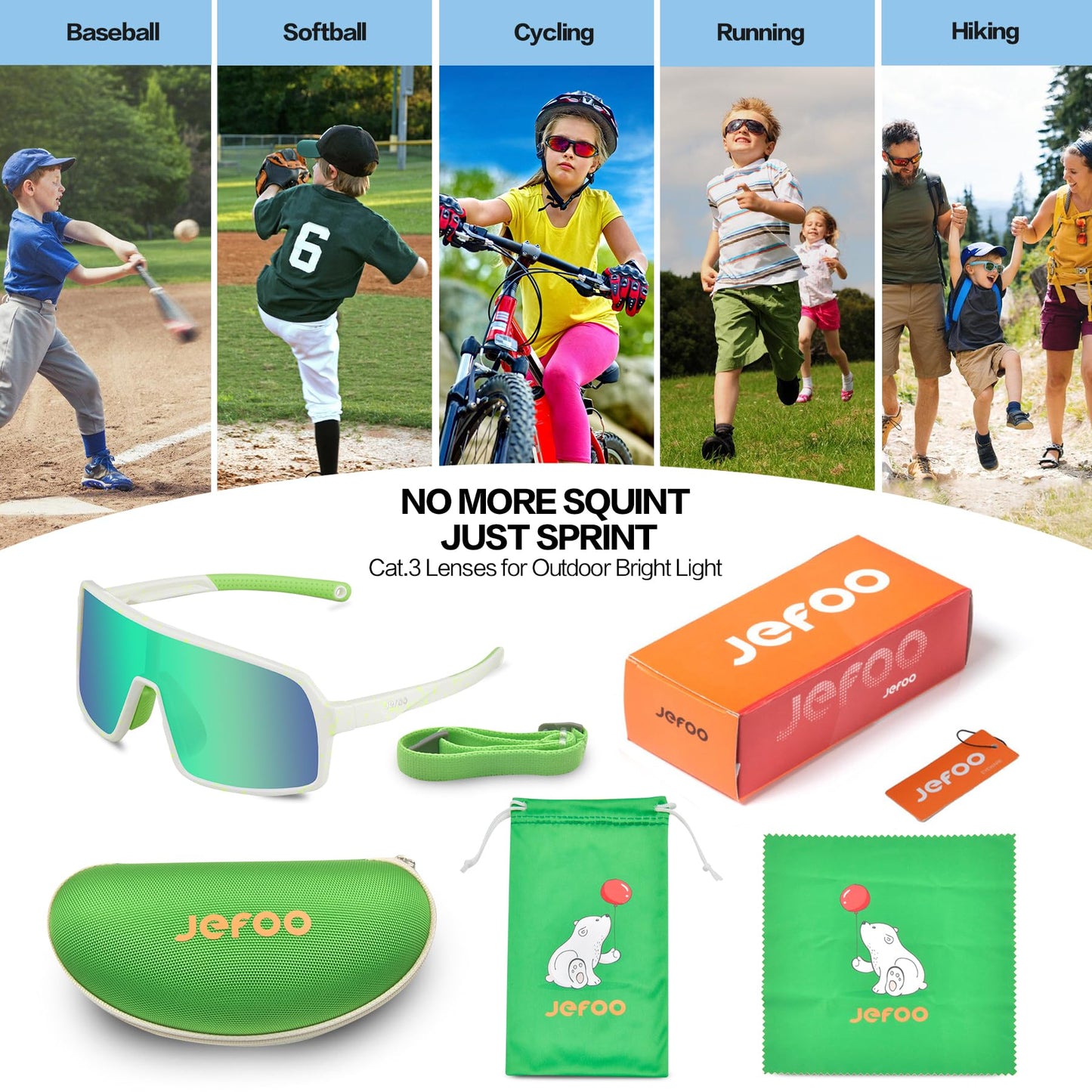 Jefoo Kids Baseball Sunglasses Polarized Sports UV400 Protection Lightweight Cycling Glasses with Strap for Boys Girls 5-10