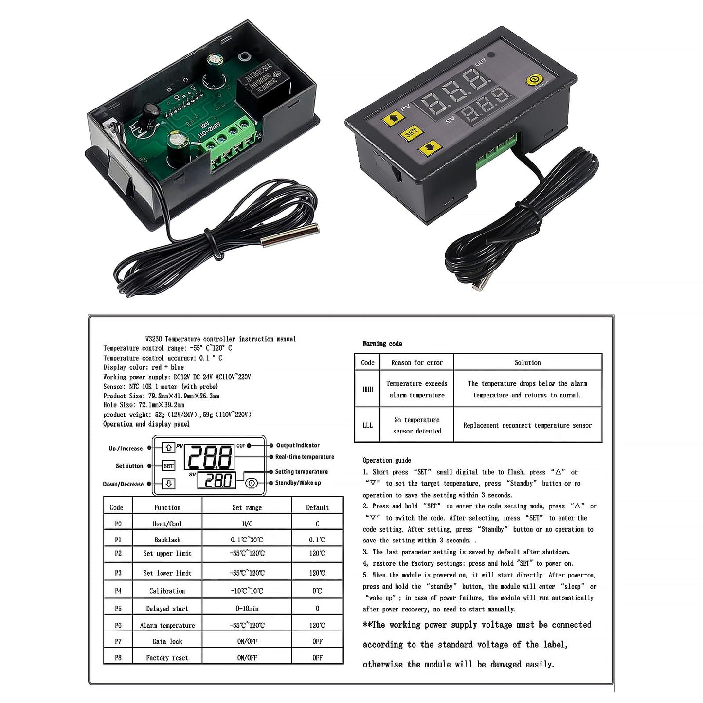 Coliao 2pcs Digital Temperature Controller W3230 Digital LED Thermostat Switch with Waterproof Probe AC110-220V Programmable Heating Cooling Electronic Thermostat Control -50℃ to 120℃