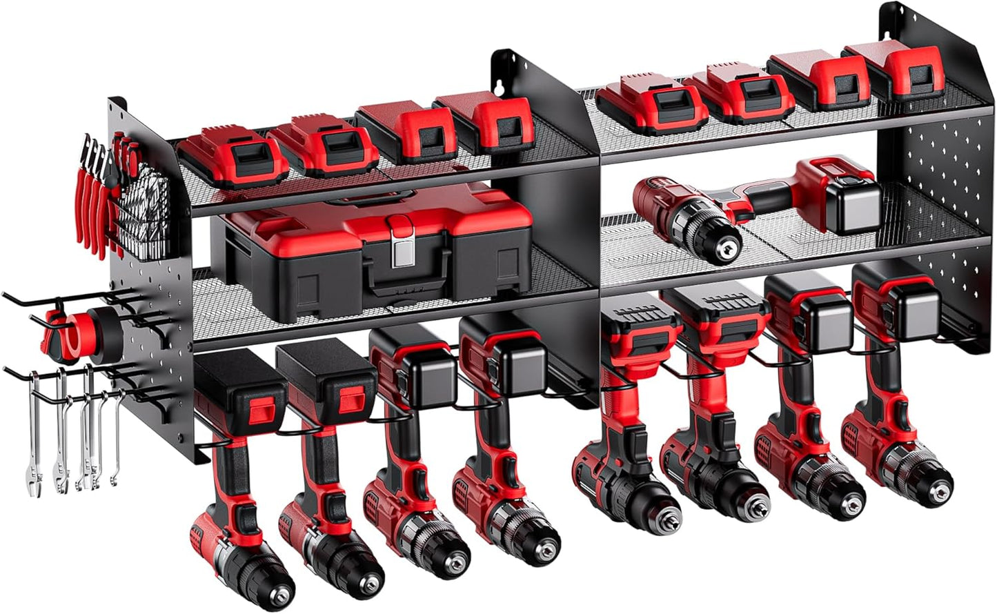 Power Tool Organizer Wall Mount - 3-Layer Charging Station with 8 Outlets & 6 Drill Holders - Efficient Garage Storage Solution (Black)