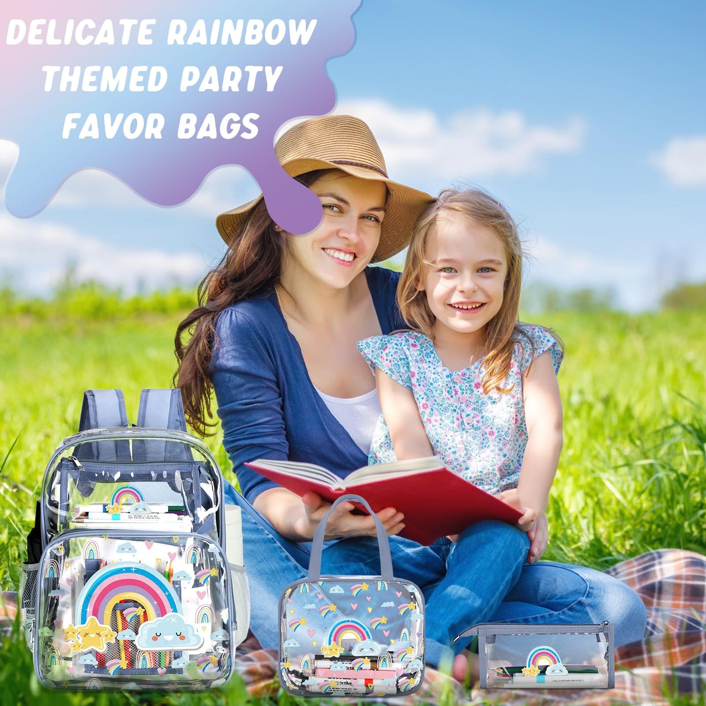Kacctyen 3 Pcs Clear Backpack for Heavy Duty Clear Stadium Bag Transparent Backpack with Lunch Bag(Blue Purple,Rainbow)