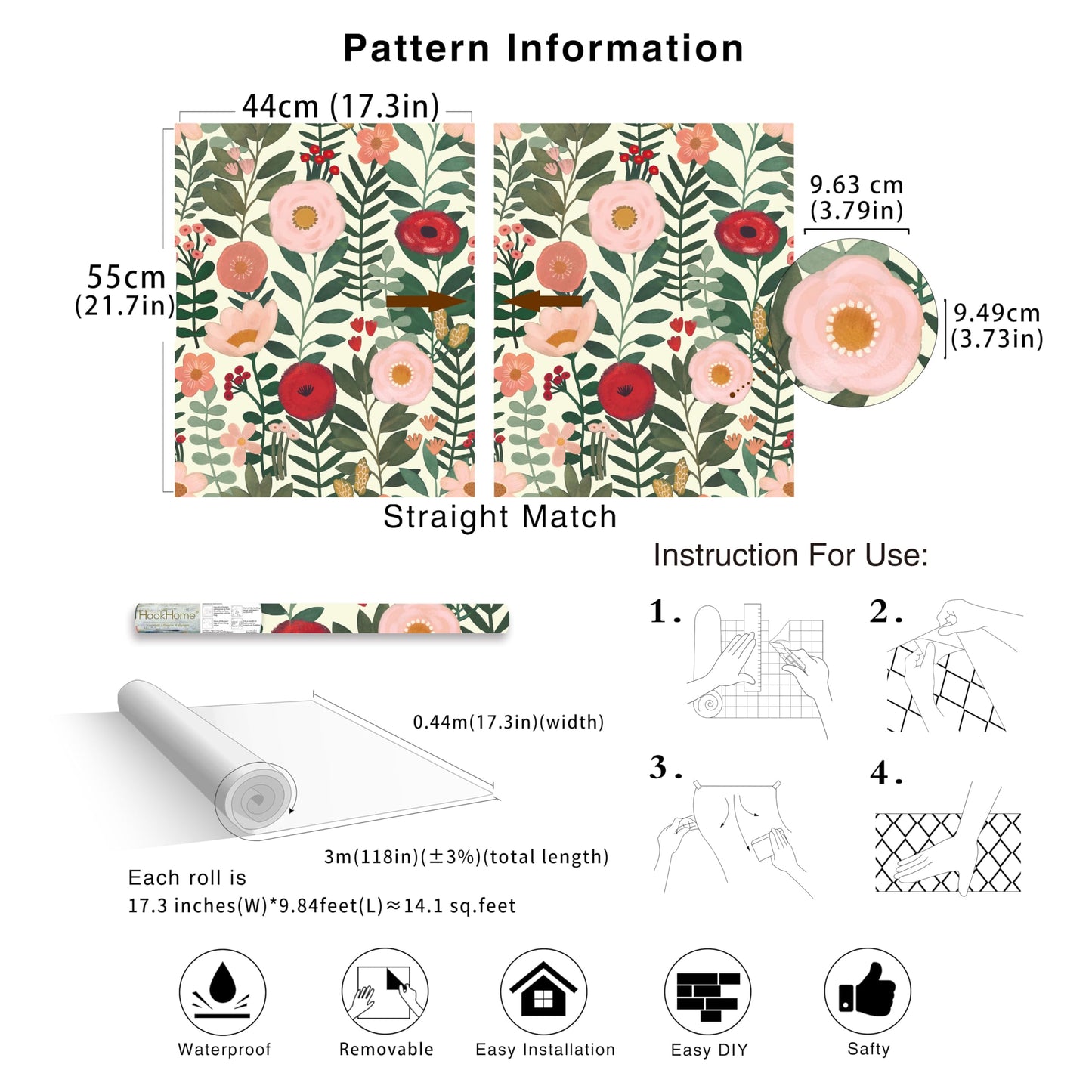 HAOKHOME Floral Peel and Stick Wallpaper Boho Wall Paper Removable for Bedroom Beige/Pink/Red Contact Paper 17.3in x 9.8ft