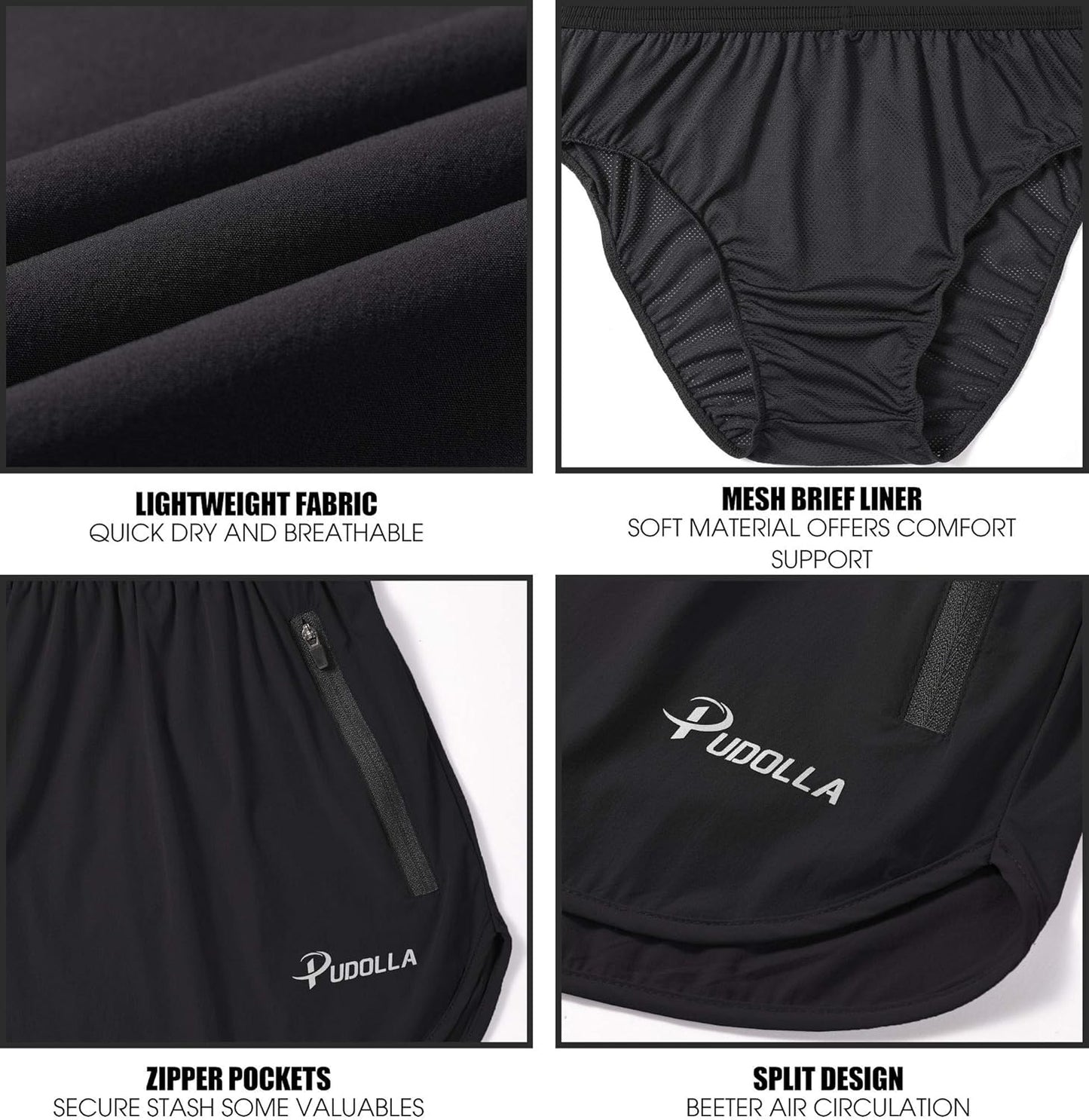 Pudolla Men's Running Shorts - 3 Inch Quick-Dry Athletic Gym Shorts with Zipper Pockets